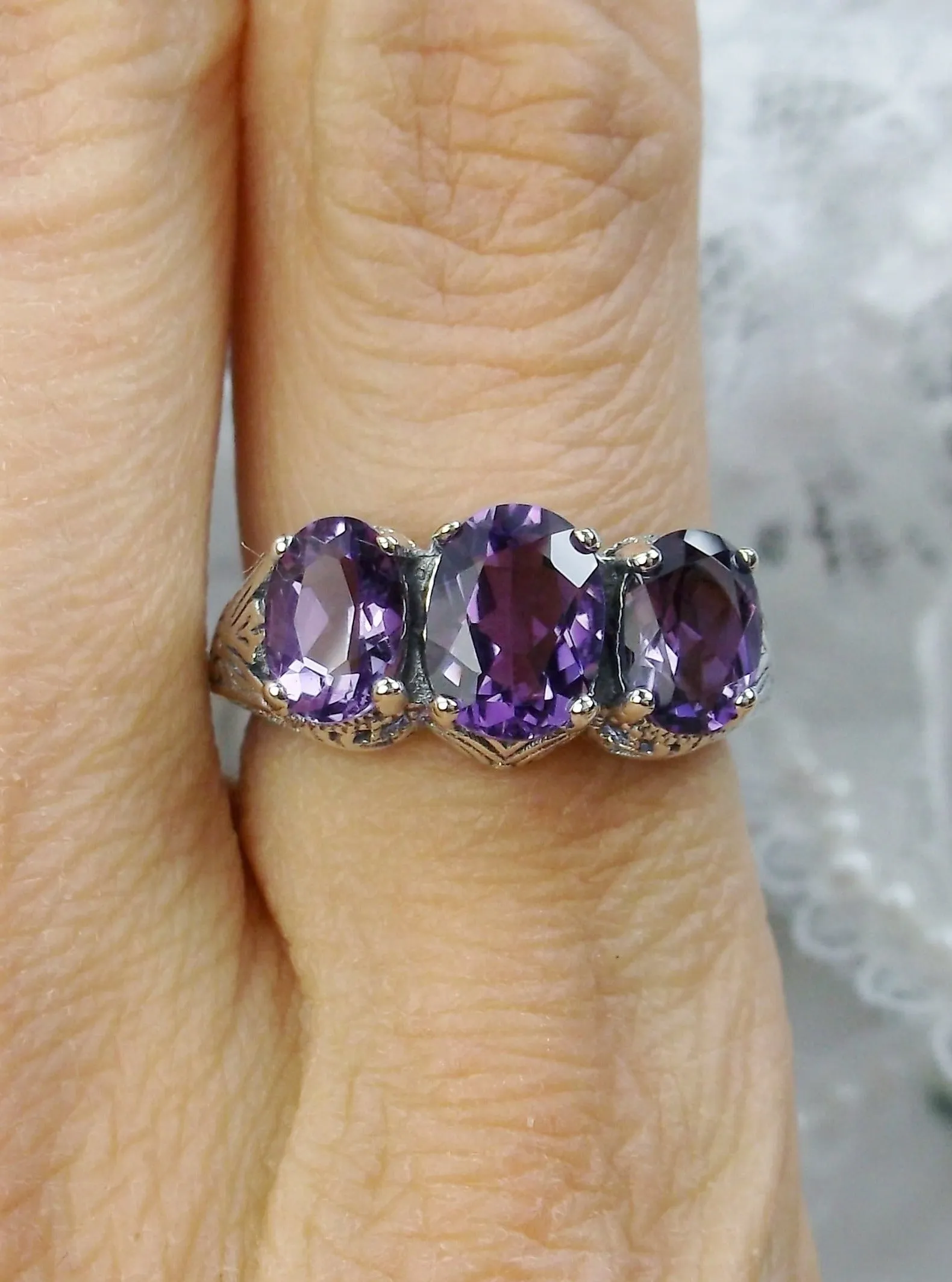 Natural Amethyst Ring, Trinity (3 Gem) Ring, Art Deco Jewelry #D41
