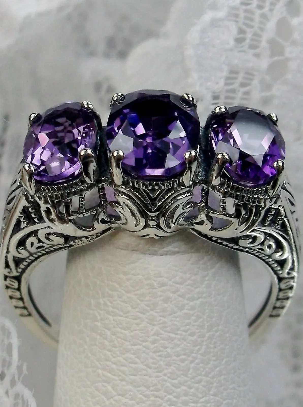 Natural Amethyst Ring, Trinity (3 Gem) Ring, Art Deco Jewelry #D41
