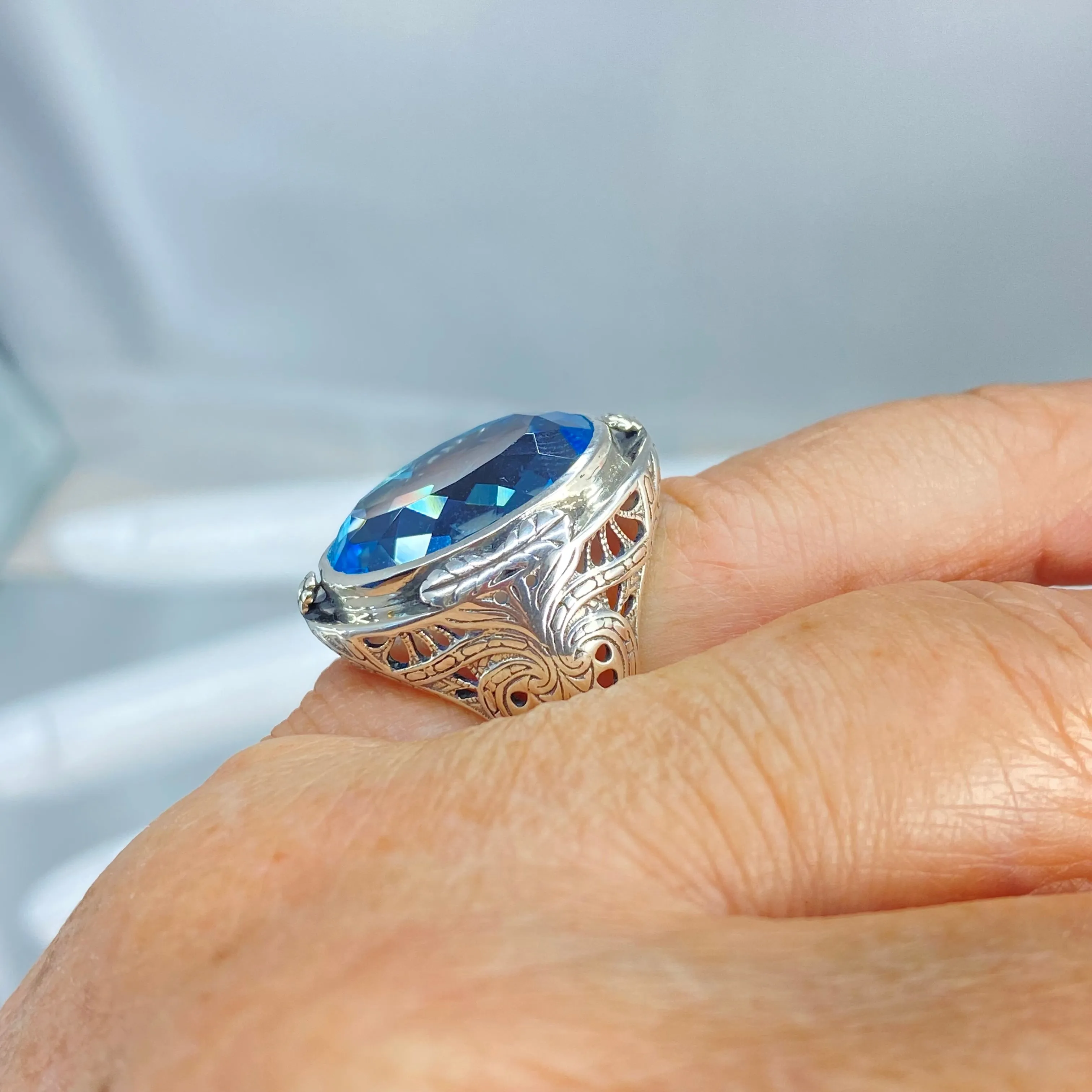 Natural Blue Topaz Ring, Victorian Jewelry Design#D2