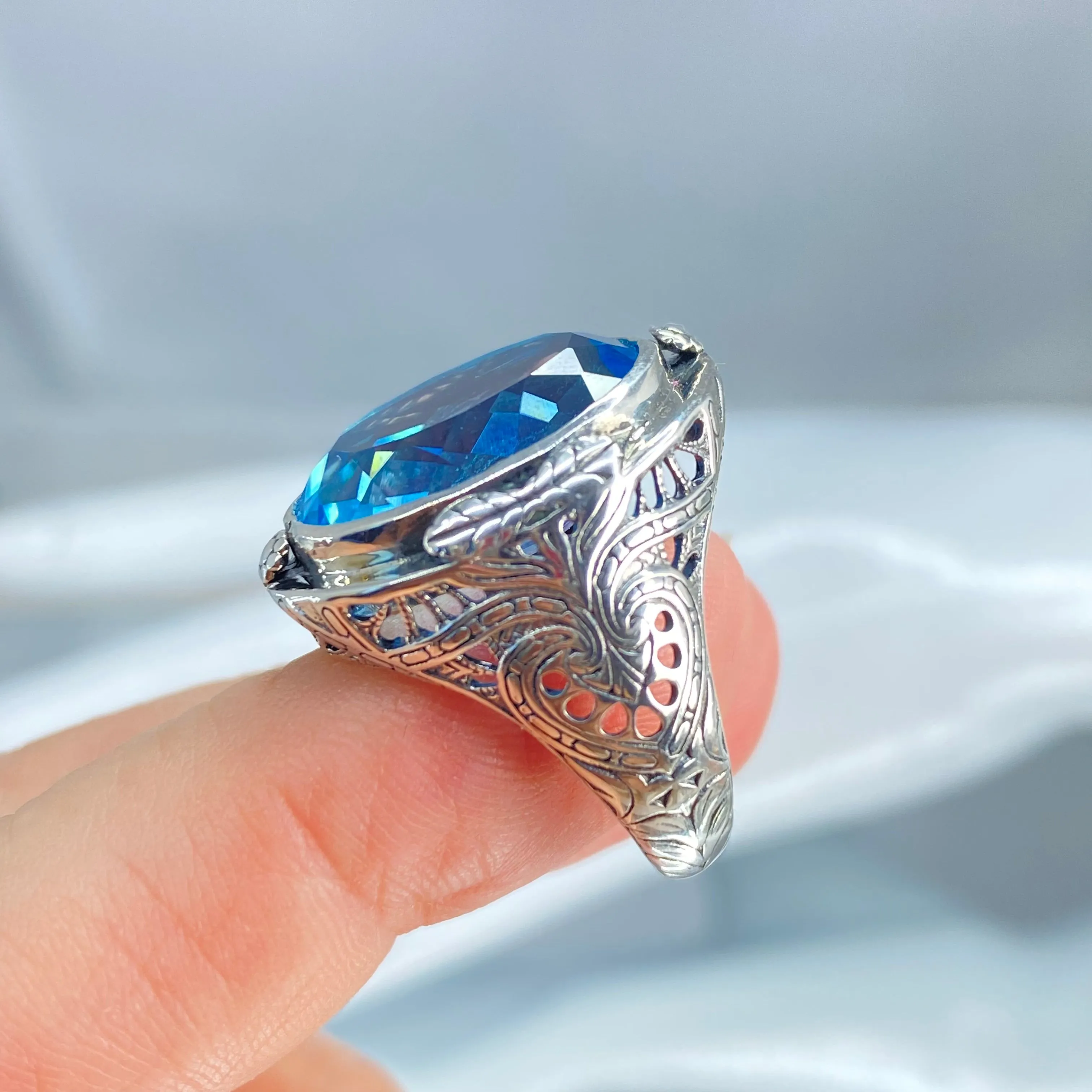Natural Blue Topaz Ring, Victorian Jewelry Design#D2