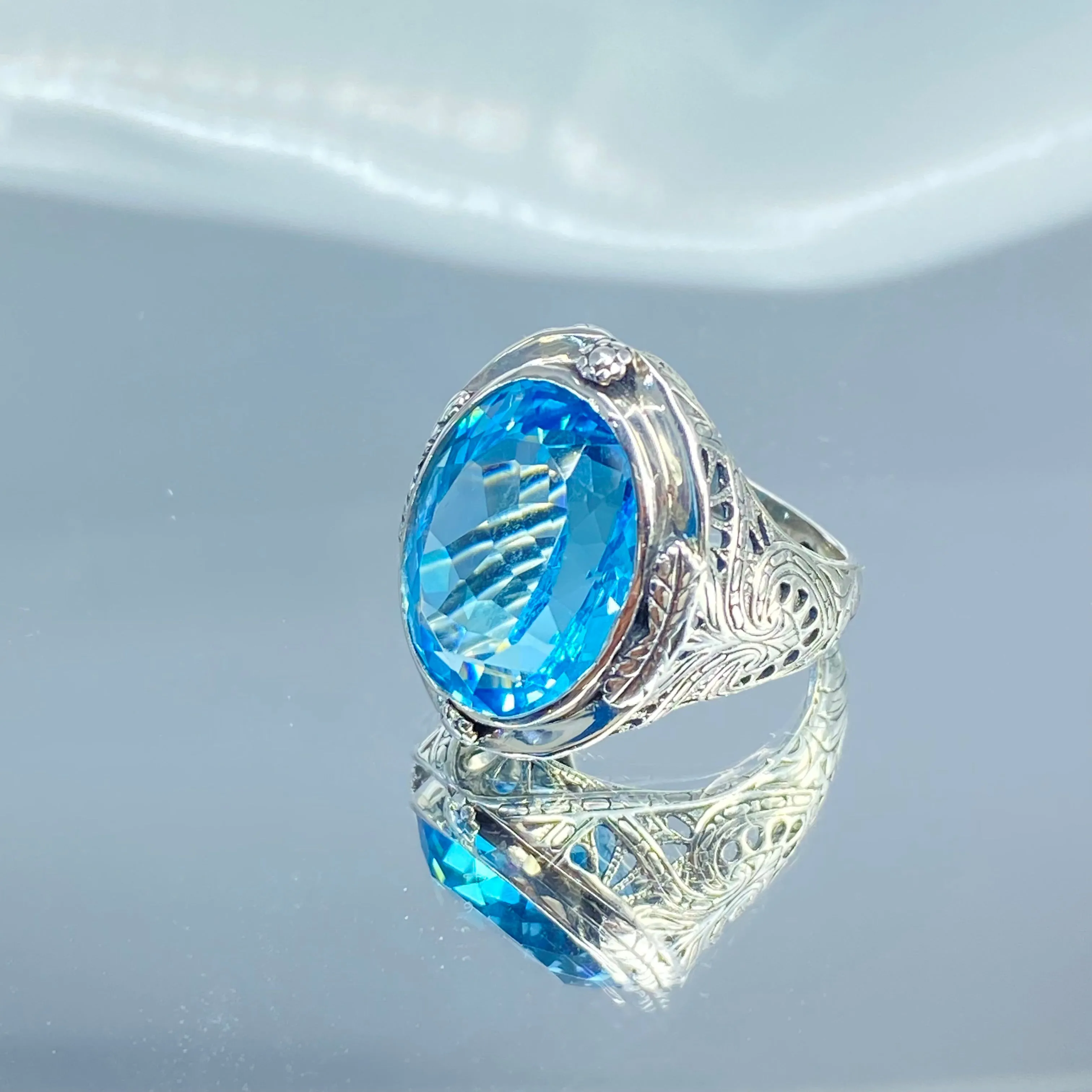 Natural Blue Topaz Ring, Victorian Jewelry Design#D2