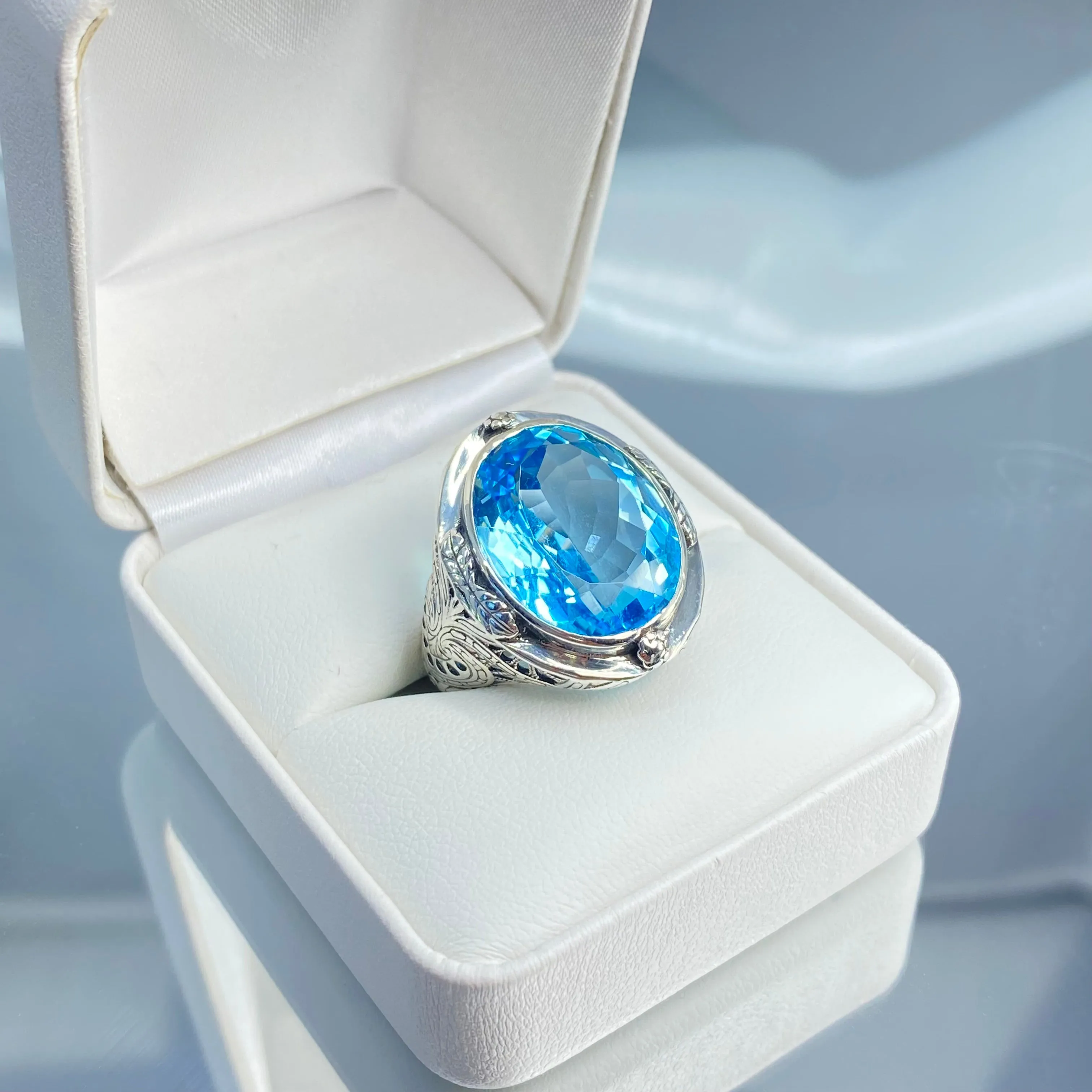 Natural Blue Topaz Ring, Victorian Jewelry Design#D2