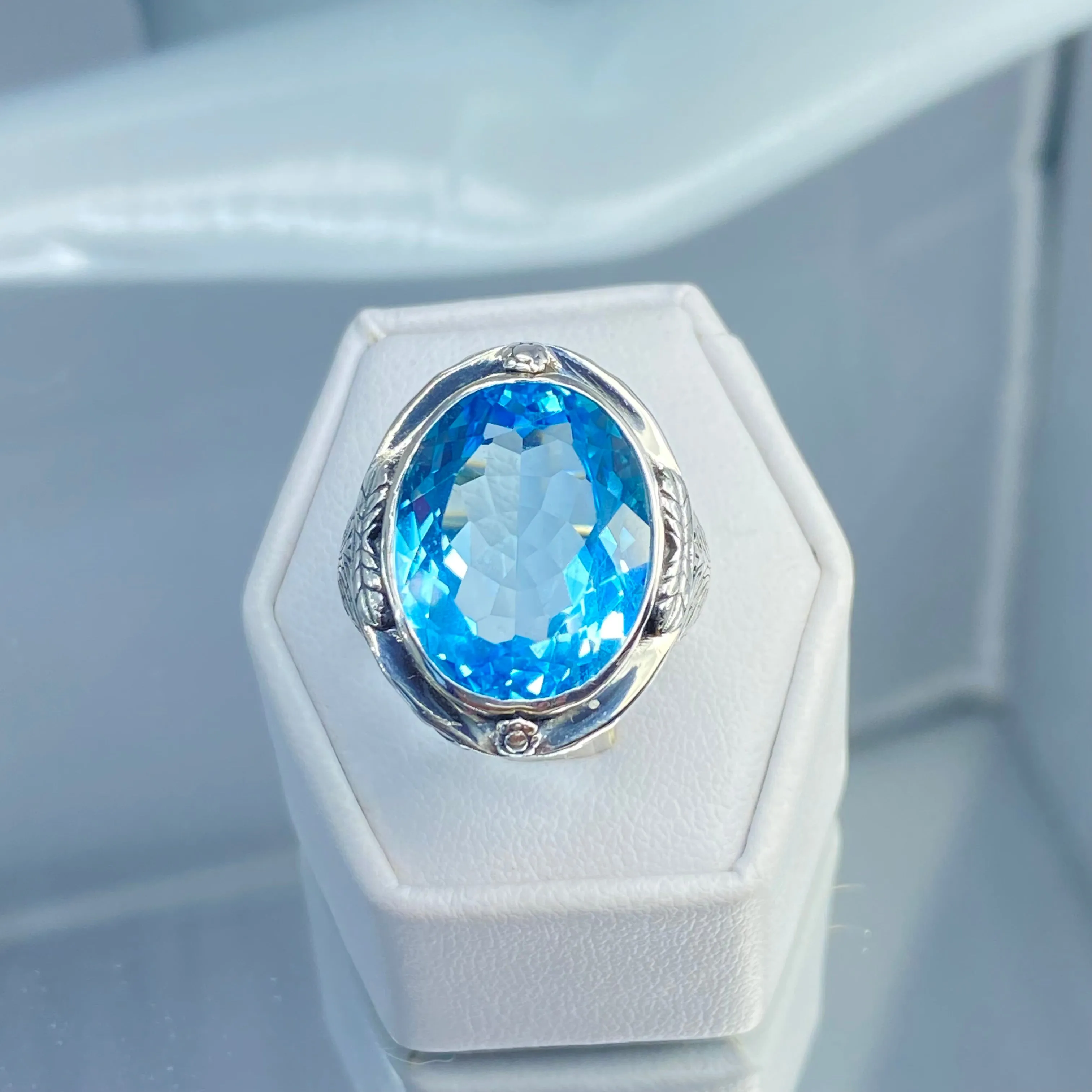 Natural Blue Topaz Ring, Victorian Jewelry Design#D2