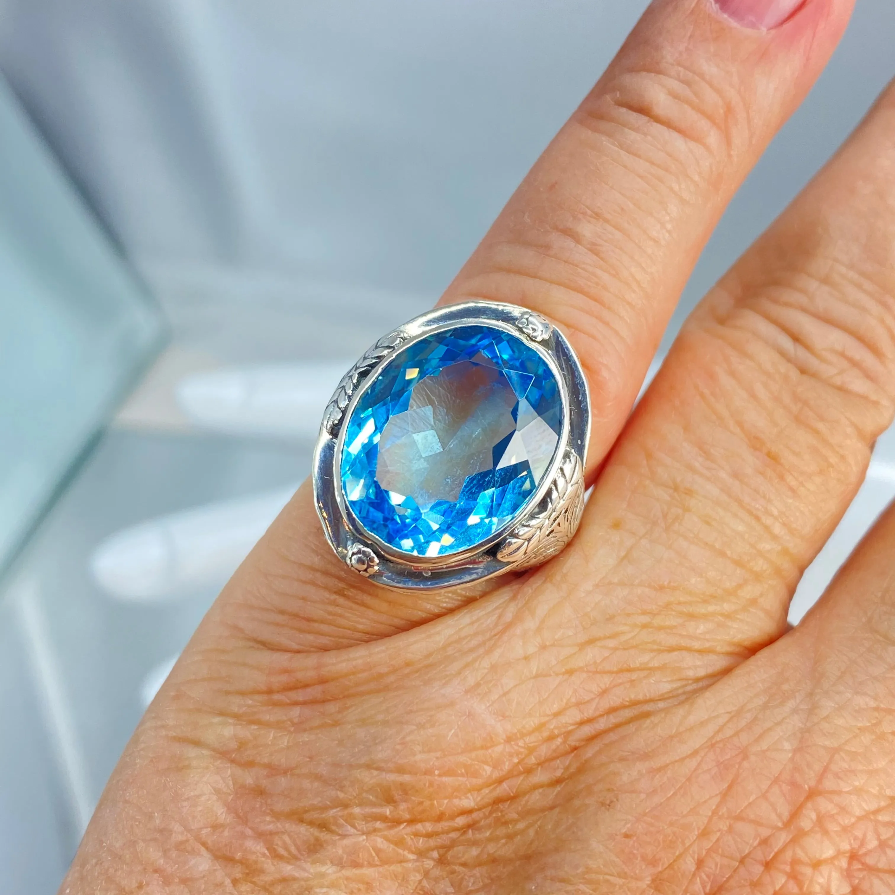 Natural Blue Topaz Ring, Victorian Jewelry Design#D2