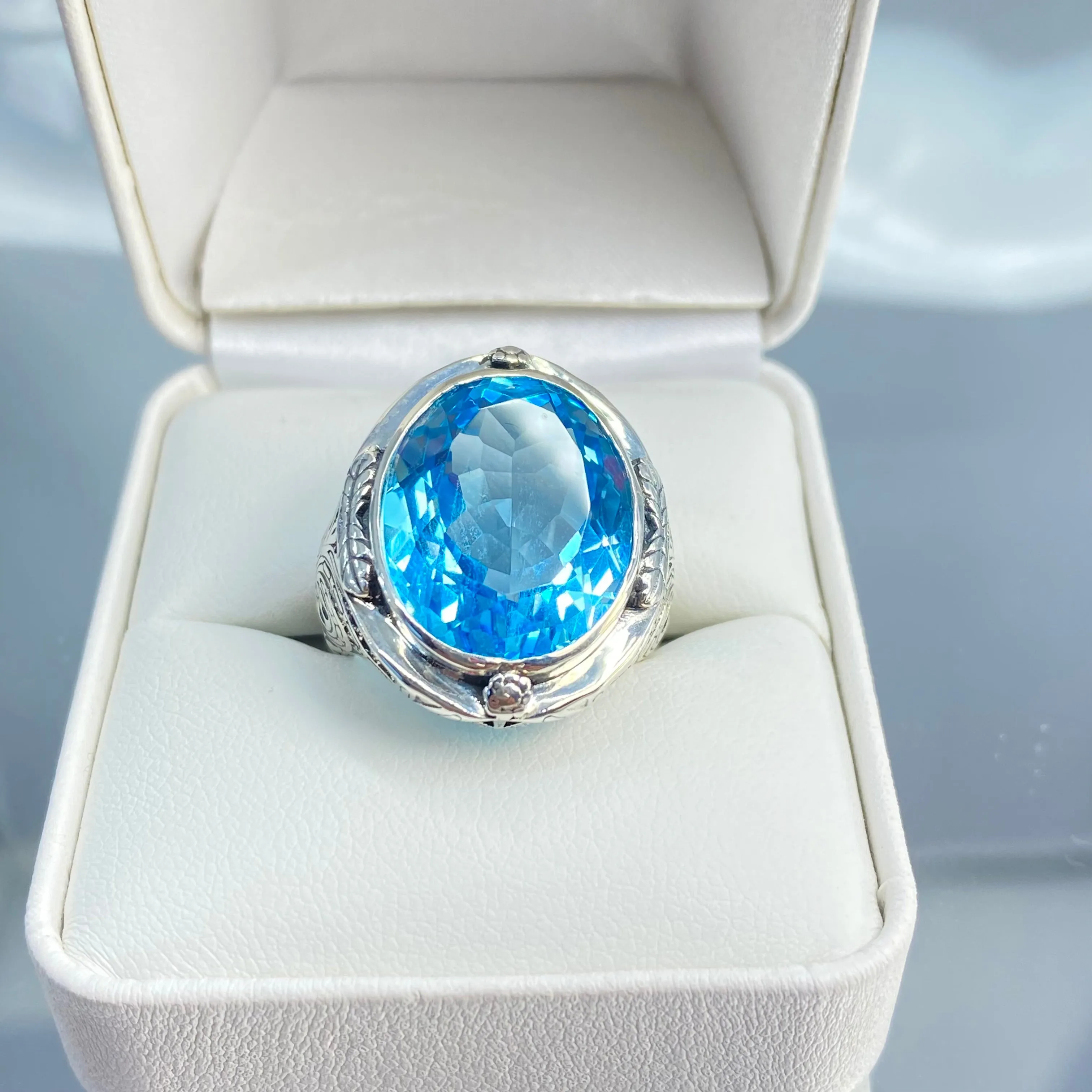 Natural Blue Topaz Ring, Victorian Jewelry Design#D2