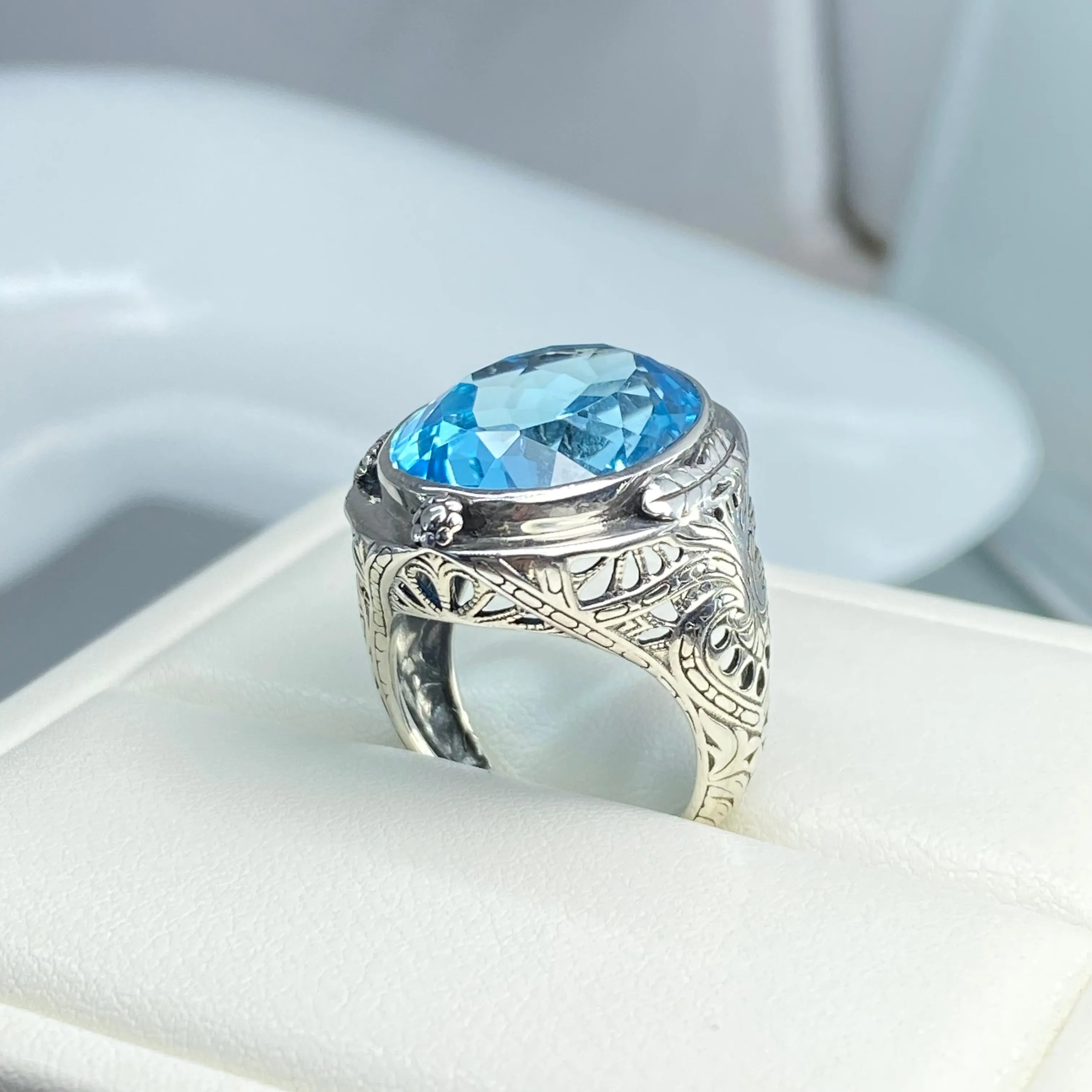Natural Blue Topaz Ring, Victorian Jewelry Design#D2