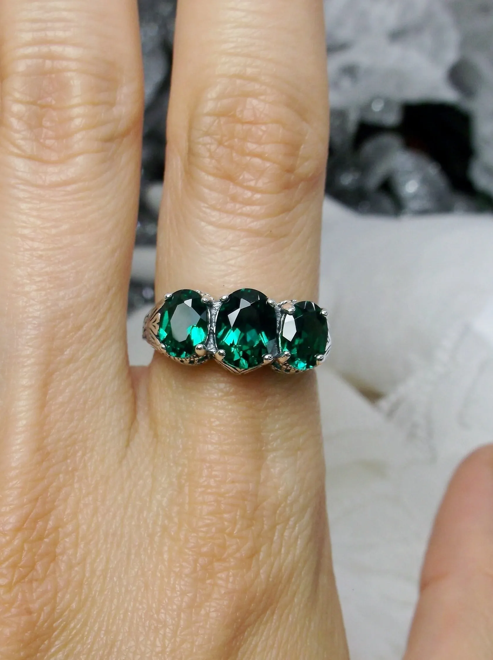 Natural Emerald Ring, Trinity (3 Gem) Ring, Art Deco Jewelry #D41
