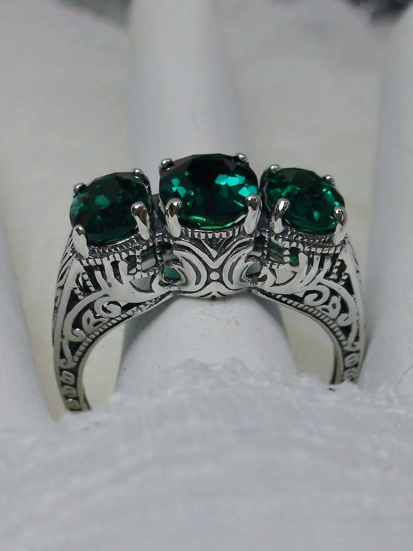 Natural Emerald Ring, Trinity (3 Gem) Ring, Art Deco Jewelry #D41