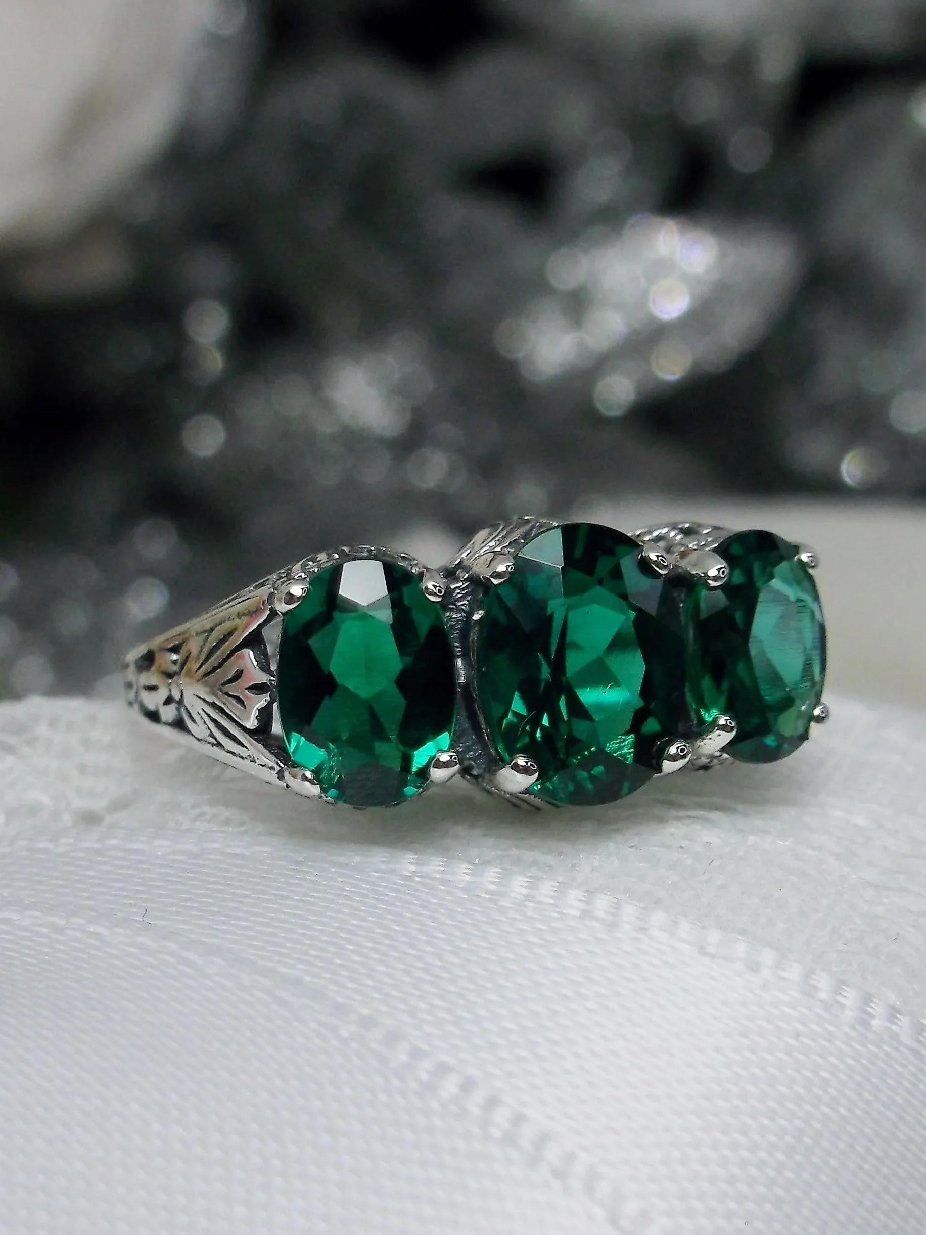 Natural Emerald Ring, Trinity (3 Gem) Ring, Art Deco Jewelry #D41