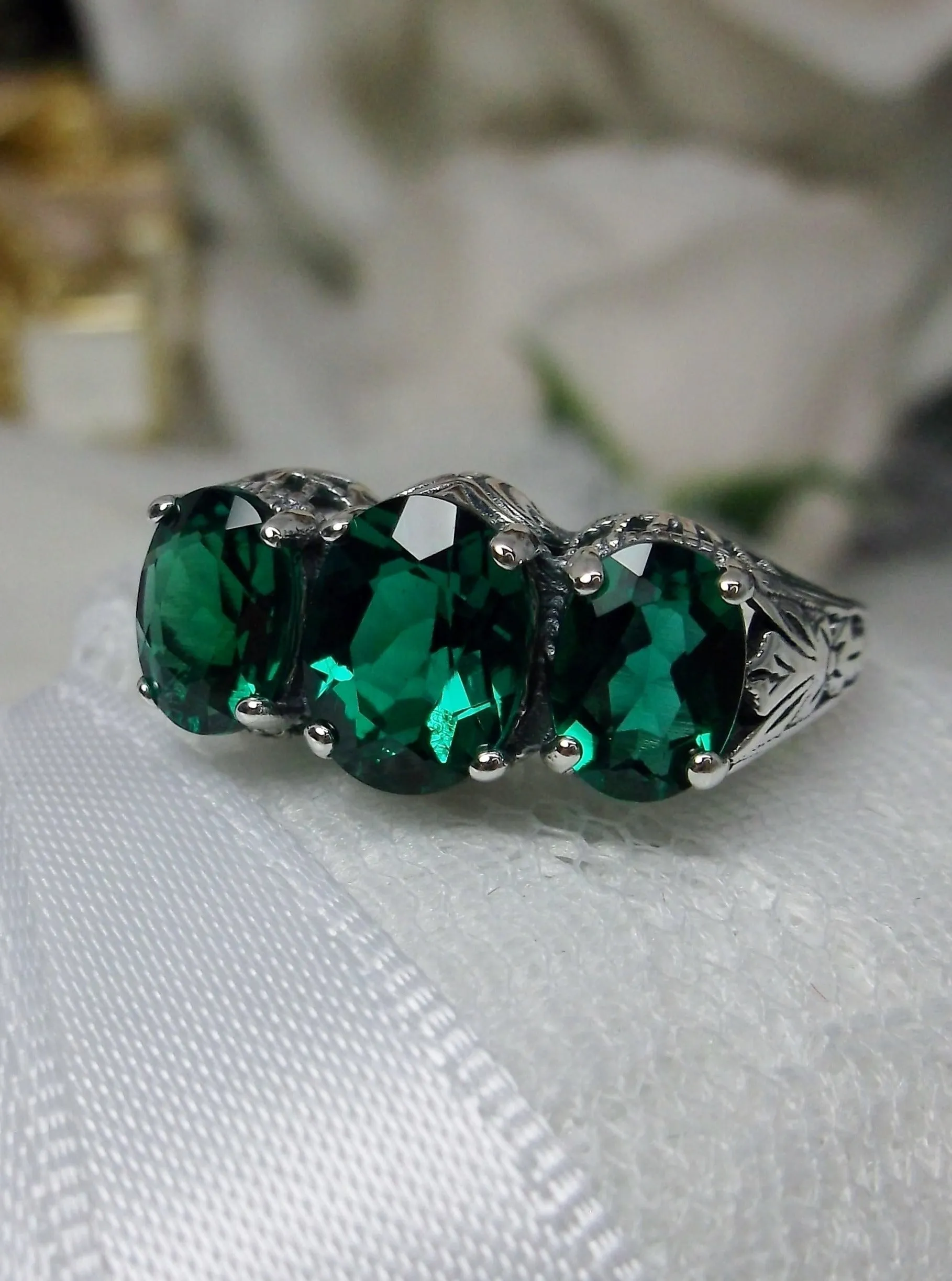 Natural Emerald Ring, Trinity (3 Gem) Ring, Art Deco Jewelry #D41