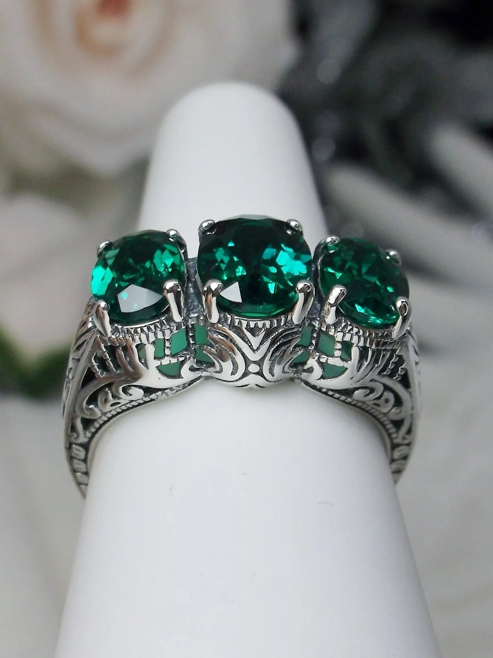Natural Emerald Ring, Trinity (3 Gem) Ring, Art Deco Jewelry #D41