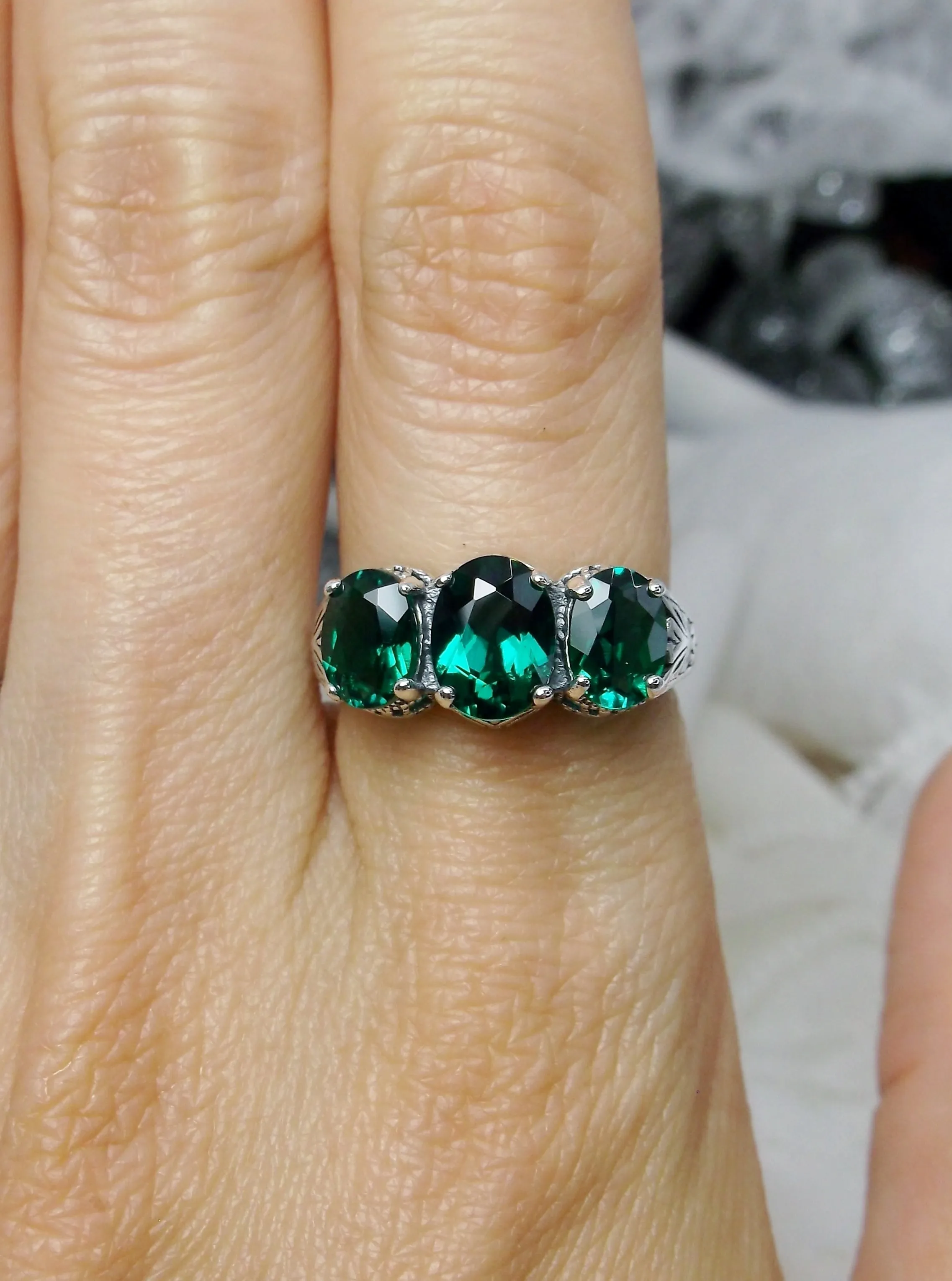 Natural Emerald Ring, Trinity (3 Gem) Ring, Art Deco Jewelry #D41