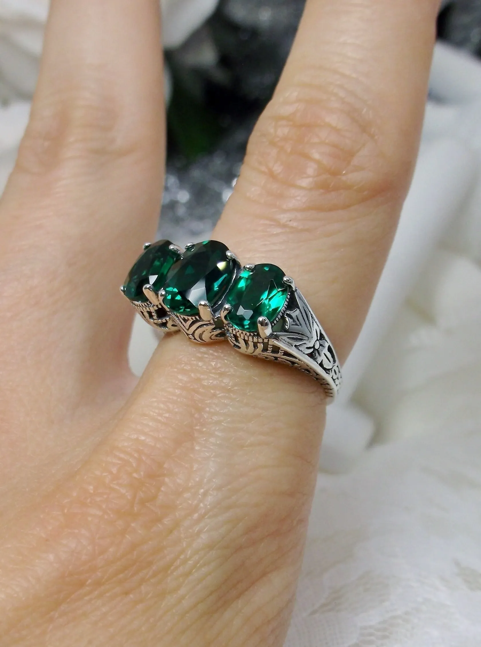 Natural Emerald Ring, Trinity (3 Gem) Ring, Art Deco Jewelry #D41