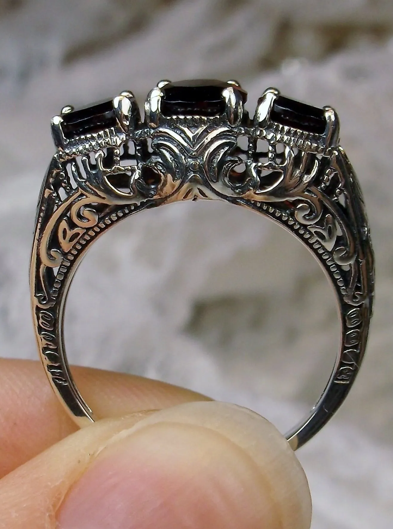 Natural Garnet Ring, Trinity (3Gem) Ring, Vintage Jewelry #D41
