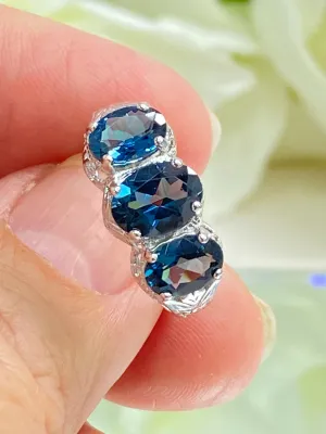Natural London Blue Topaz Ring, Size 6, White Gold plated Trinity Ring, Vintage style Jewelry #D41 - Ready to Ship
