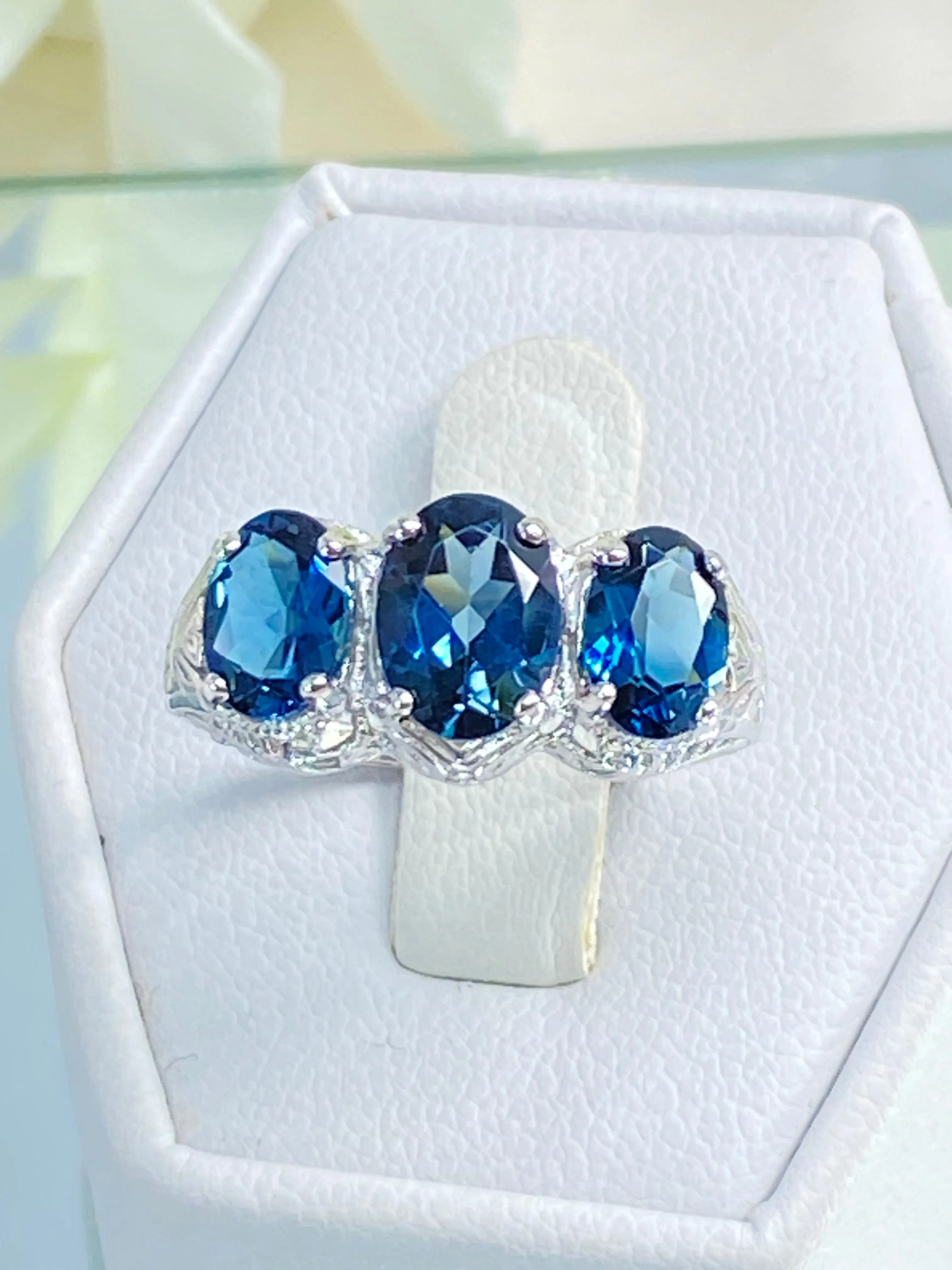 Natural London Blue Topaz Ring, Size 6, White Gold plated Trinity Ring, Vintage style Jewelry #D41 - Ready to Ship