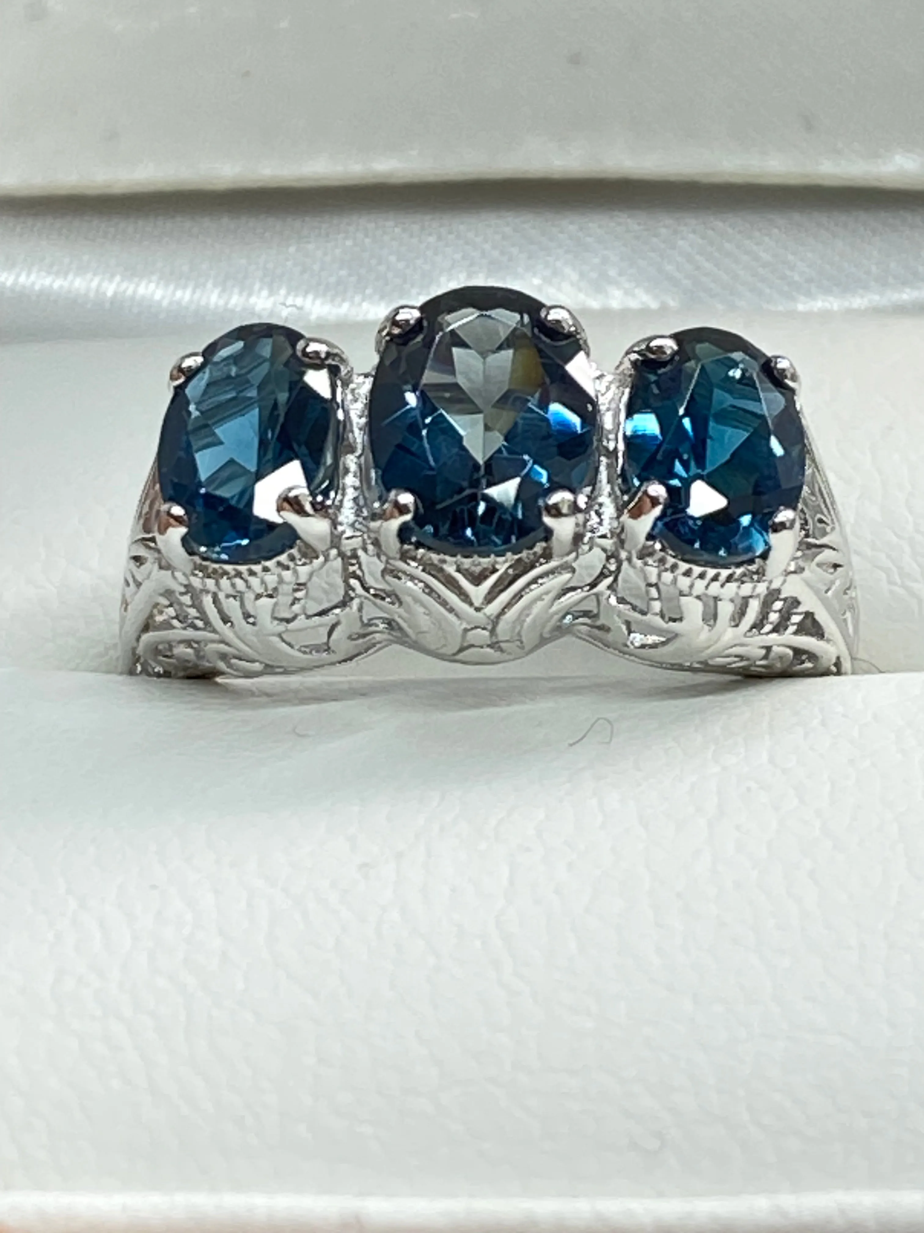 Natural London Blue Topaz Ring, Size 6, White Gold plated Trinity Ring, Vintage style Jewelry #D41 - Ready to Ship