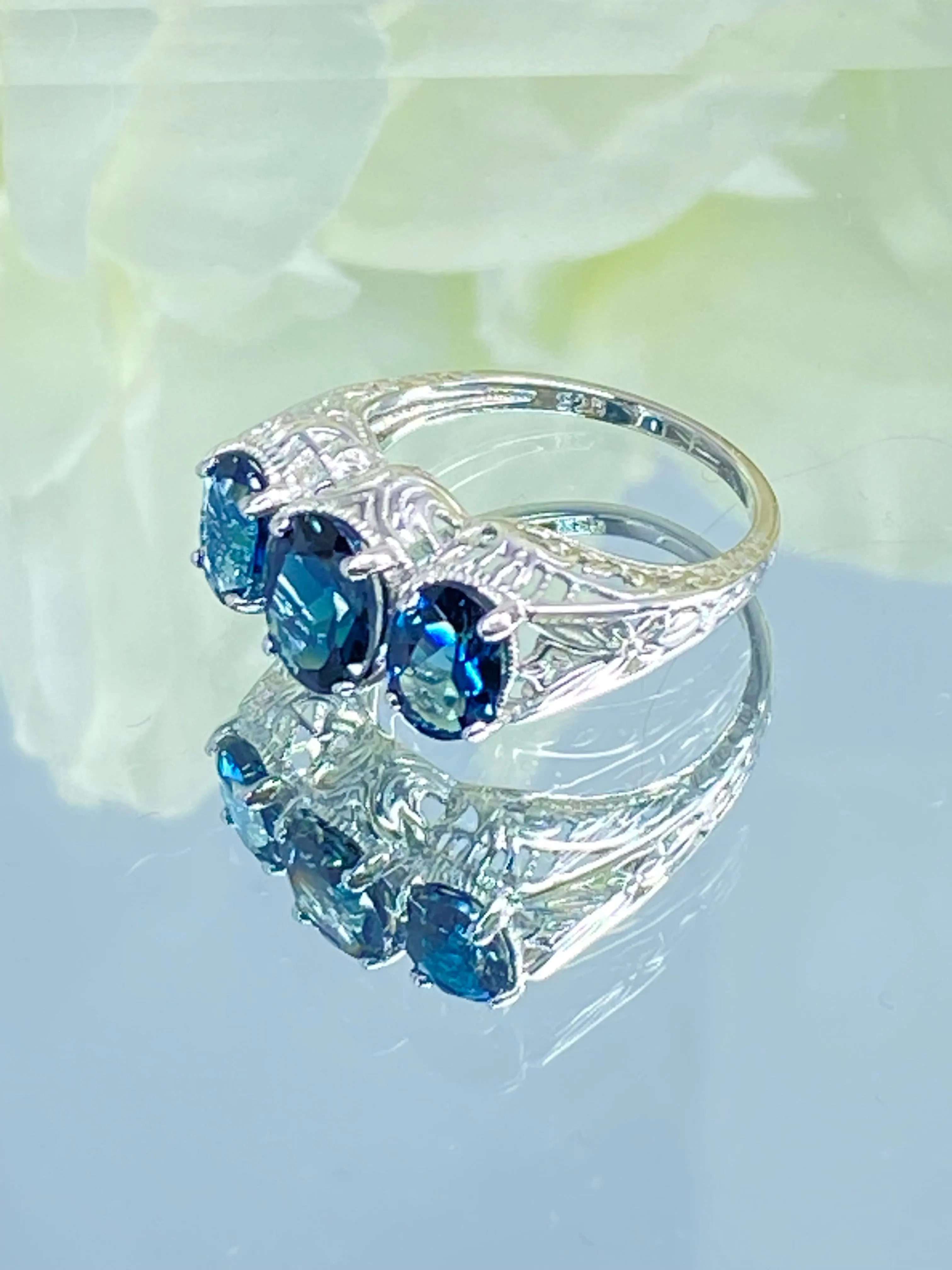 Natural London Blue Topaz Ring, Size 6, White Gold plated Trinity Ring, Vintage style Jewelry #D41 - Ready to Ship