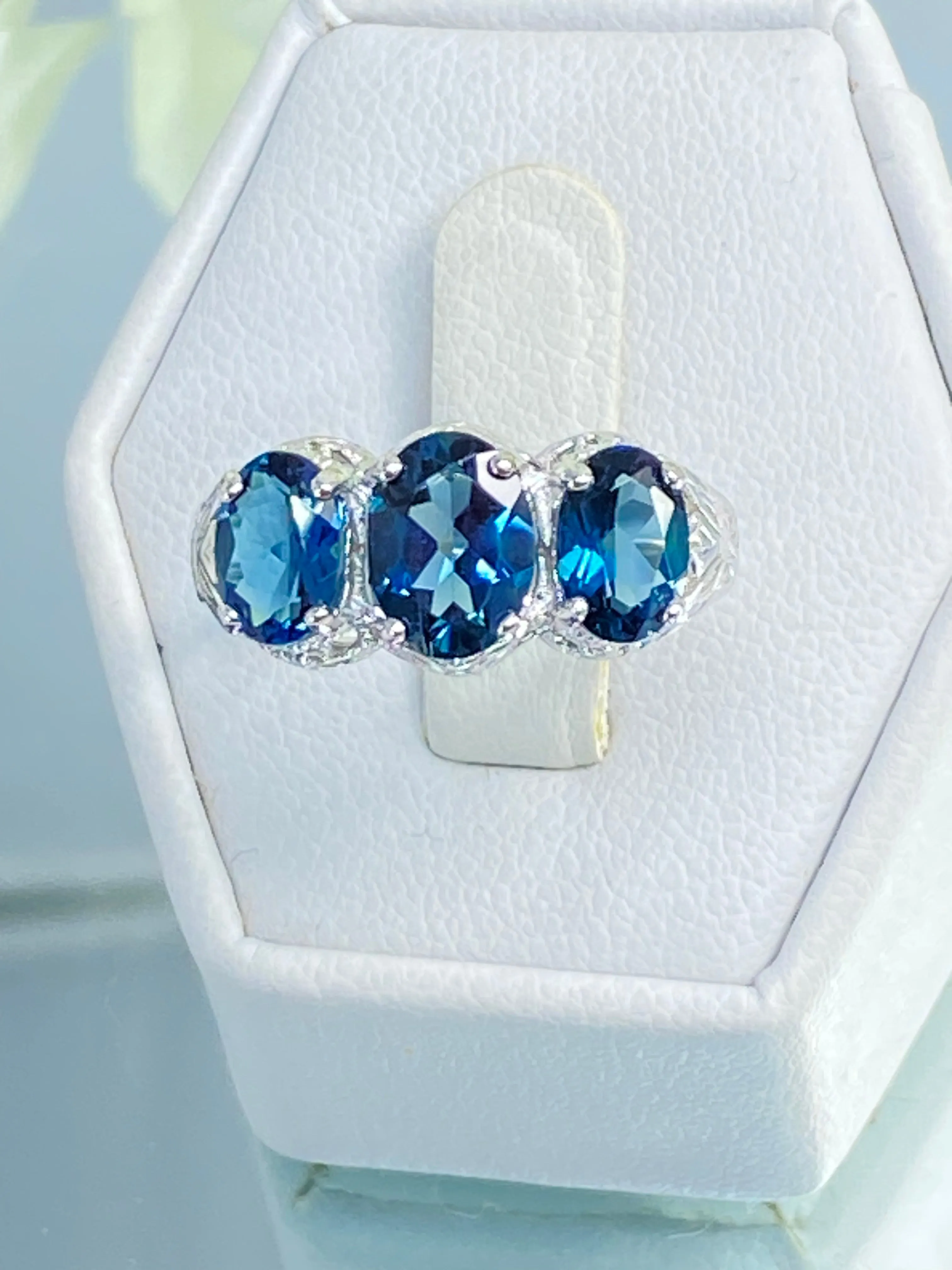 Natural London Blue Topaz Ring, Size 6, White Gold plated Trinity Ring, Vintage style Jewelry #D41 - Ready to Ship
