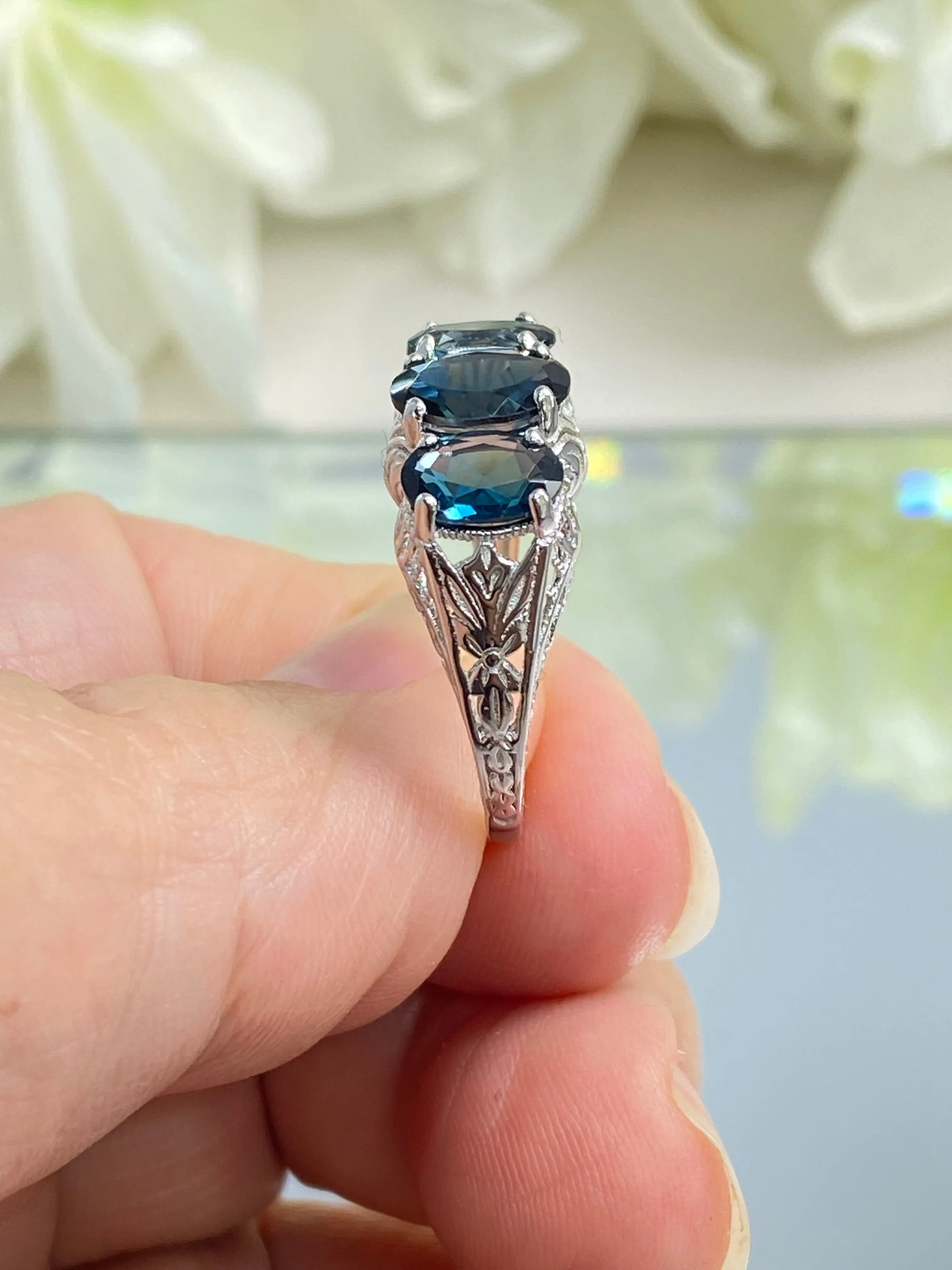 Natural London Blue Topaz Ring, Size 6, White Gold plated Trinity Ring, Vintage style Jewelry #D41 - Ready to Ship
