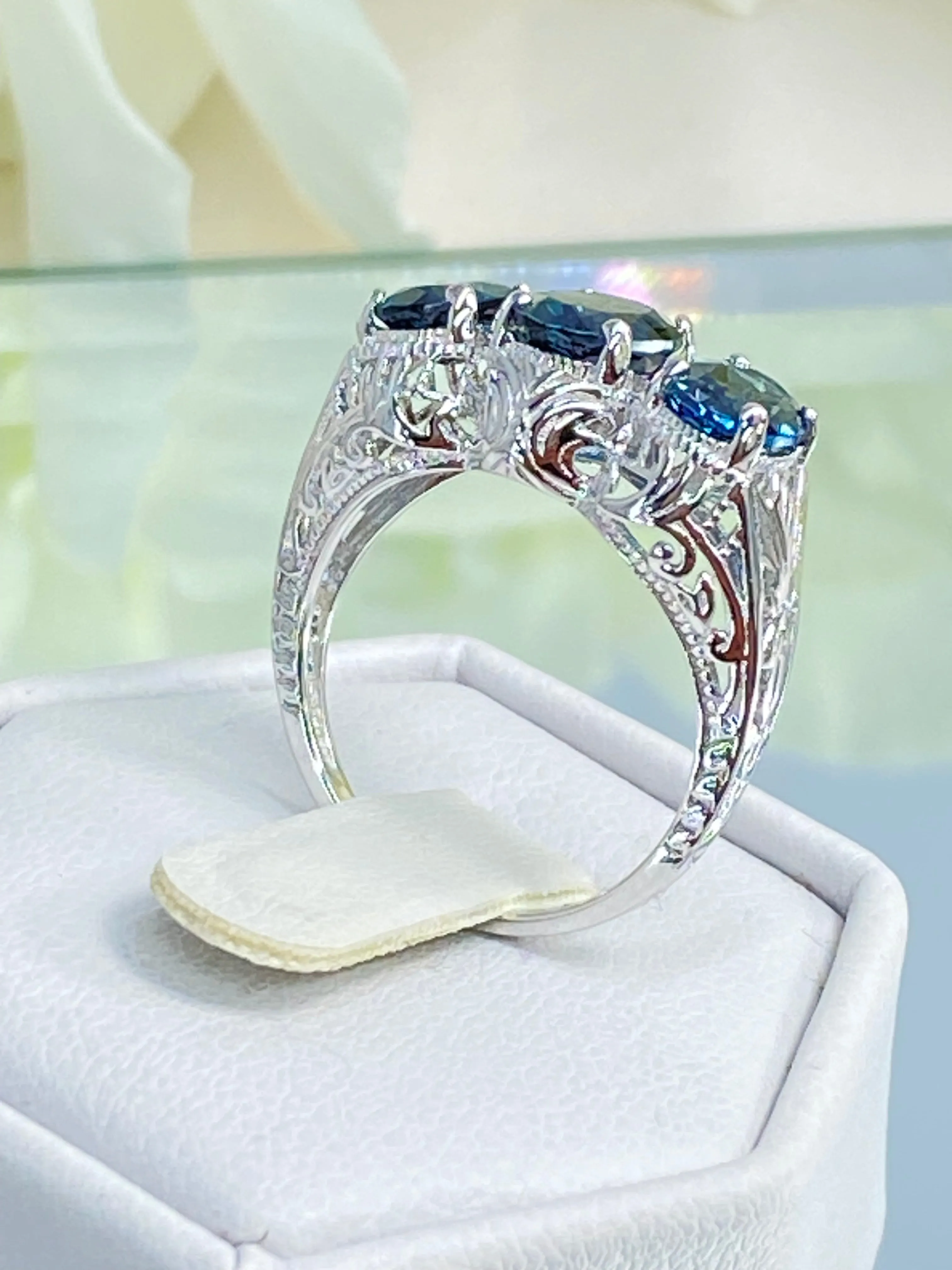 Natural London Blue Topaz Ring, Size 6, White Gold plated Trinity Ring, Vintage style Jewelry #D41 - Ready to Ship