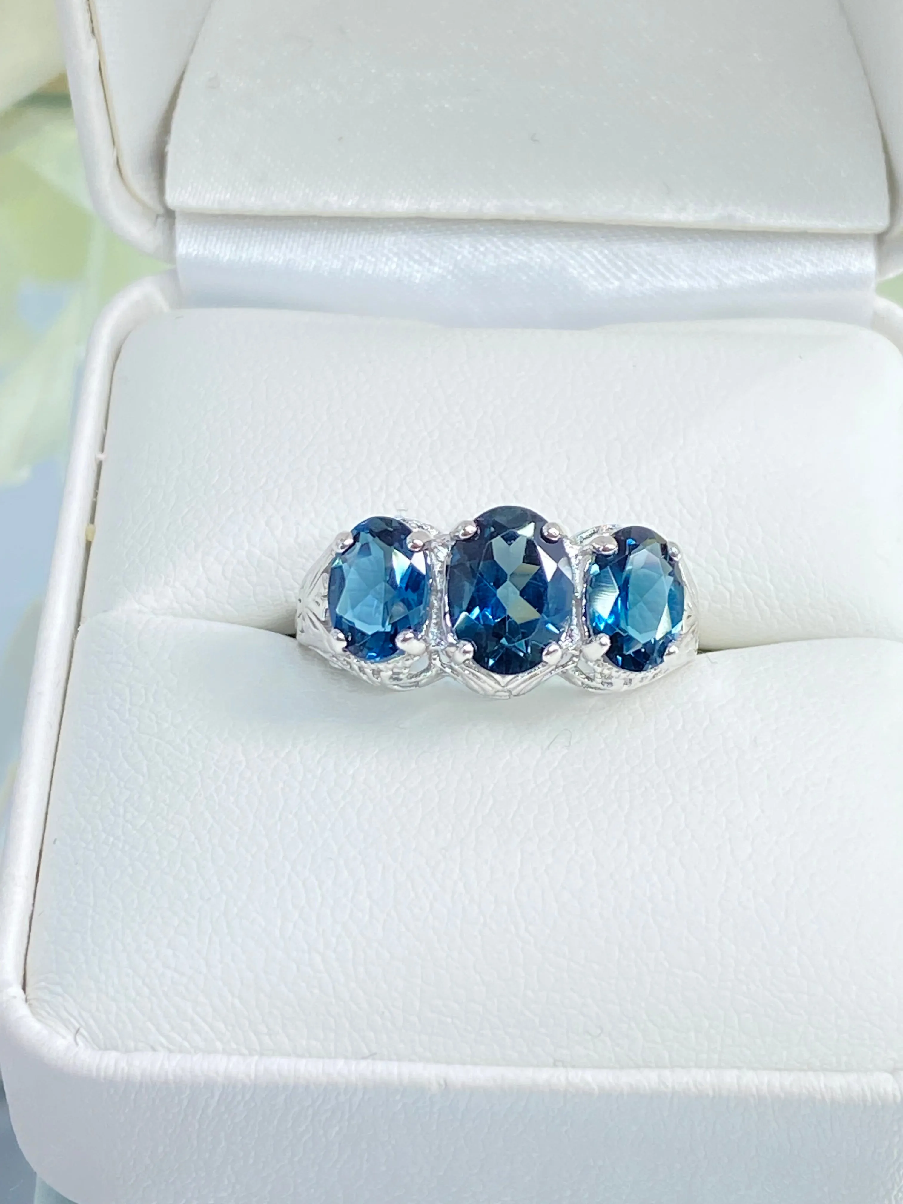 Natural London Blue Topaz Ring, Size 6, White Gold plated Trinity Ring, Vintage style Jewelry #D41 - Ready to Ship