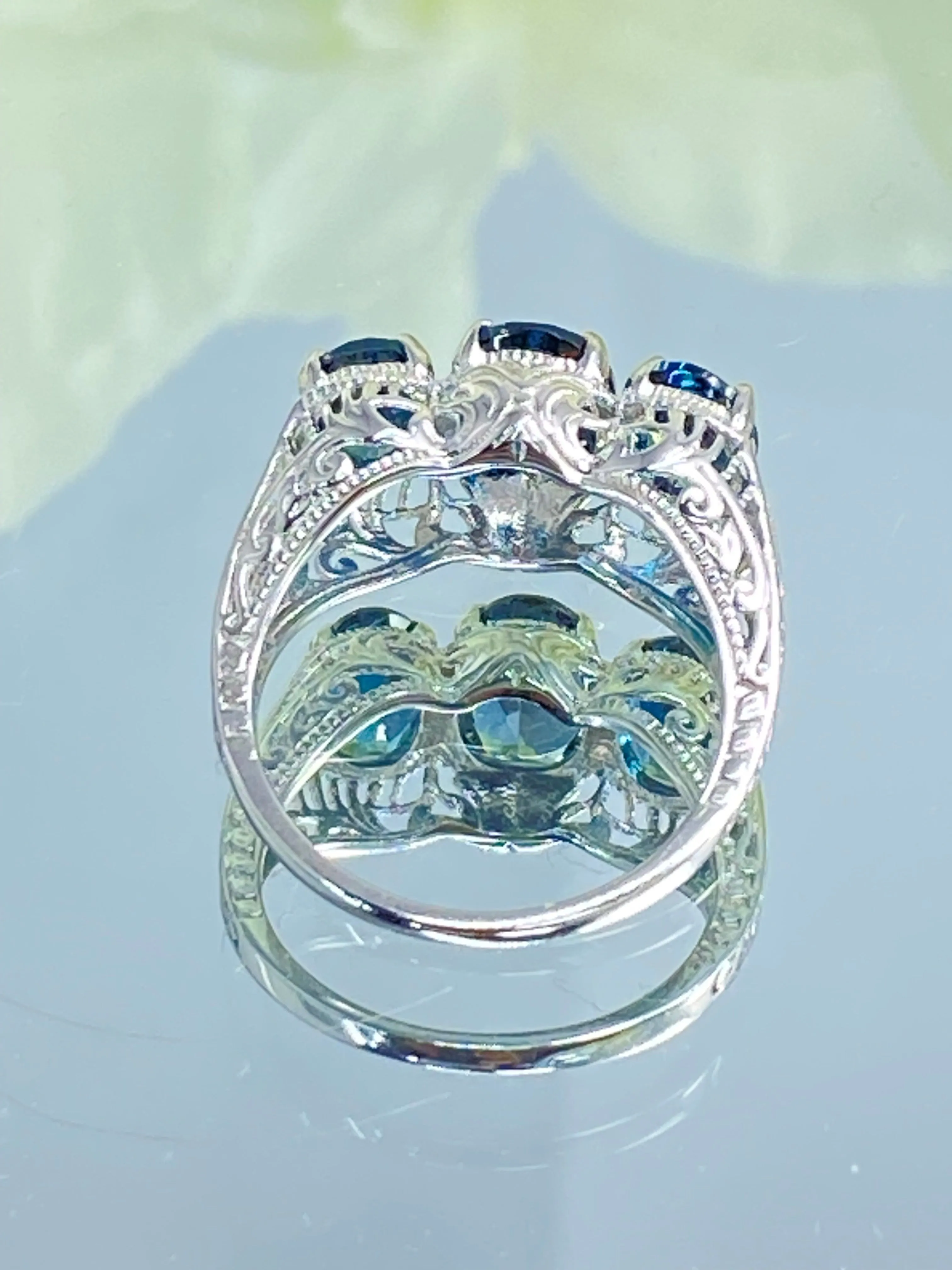 Natural London Blue Topaz Ring, Size 6, White Gold plated Trinity Ring, Vintage style Jewelry #D41 - Ready to Ship