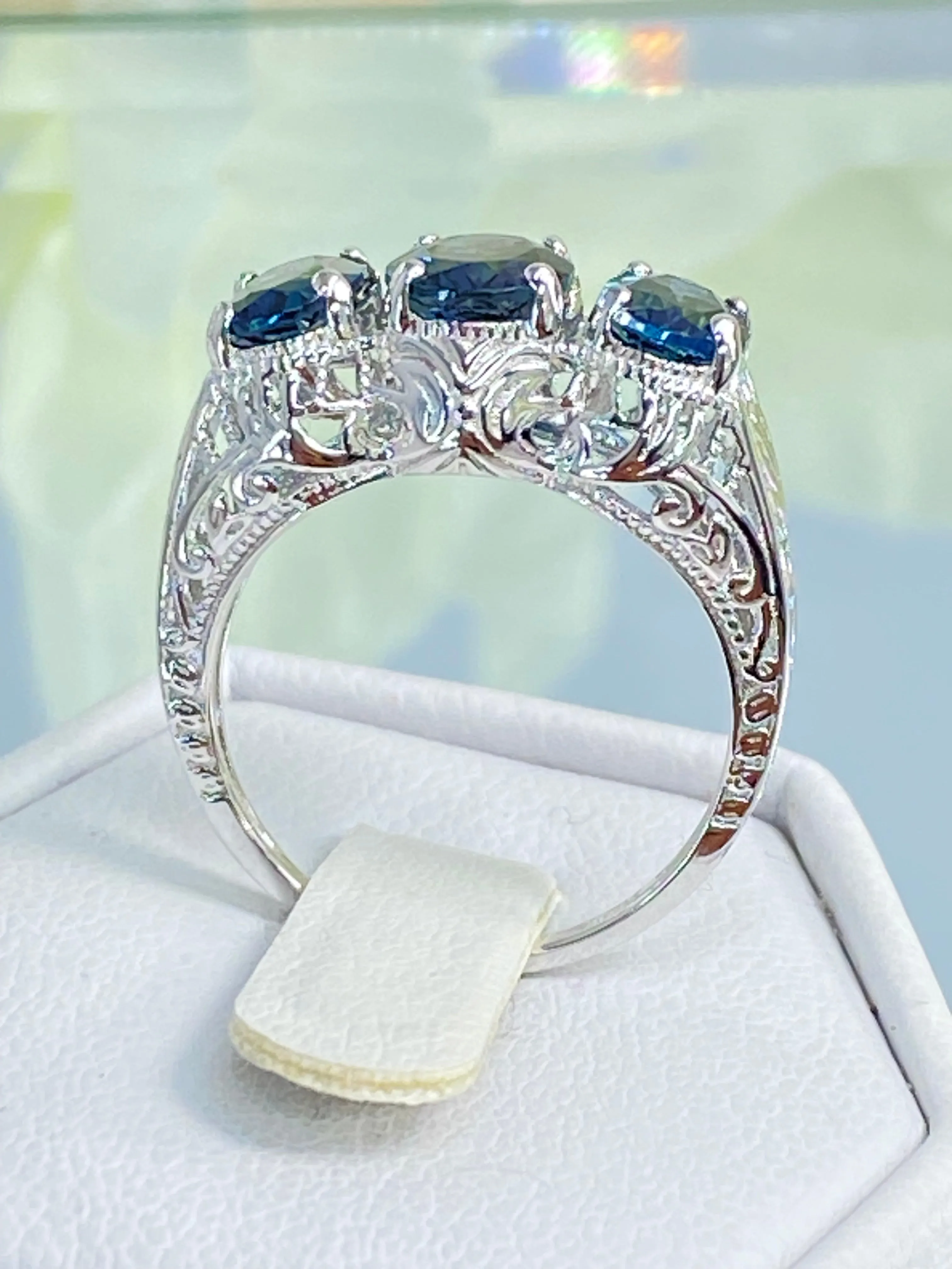 Natural London Blue Topaz Ring, White Gold plated Trinity Ring, Vintage style Jewelry #D41