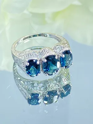 Natural London Blue Topaz Ring, White Gold plated Trinity Ring, Vintage style Jewelry #D41