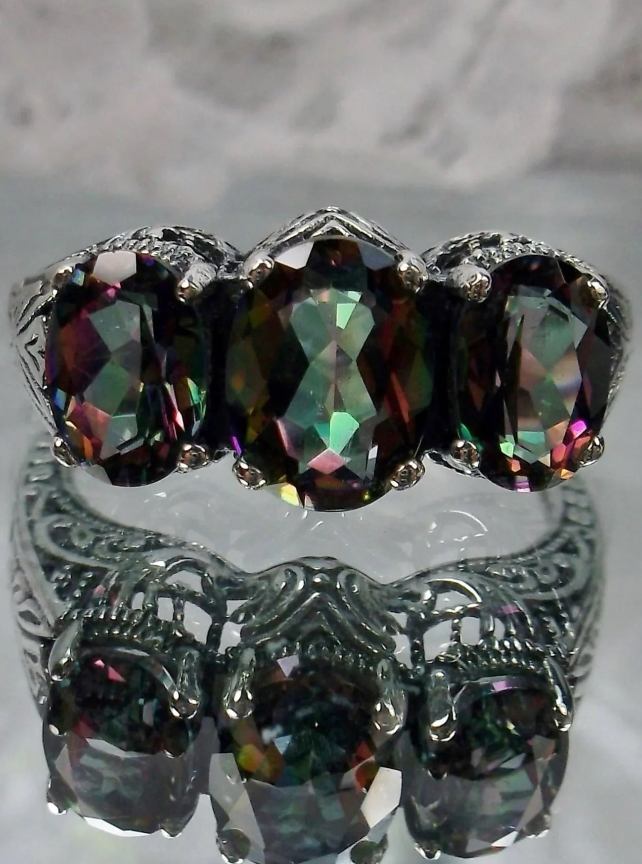 Natural Mystic Topaz Ring, 3-Gem, Art Deco Jewelry #D41