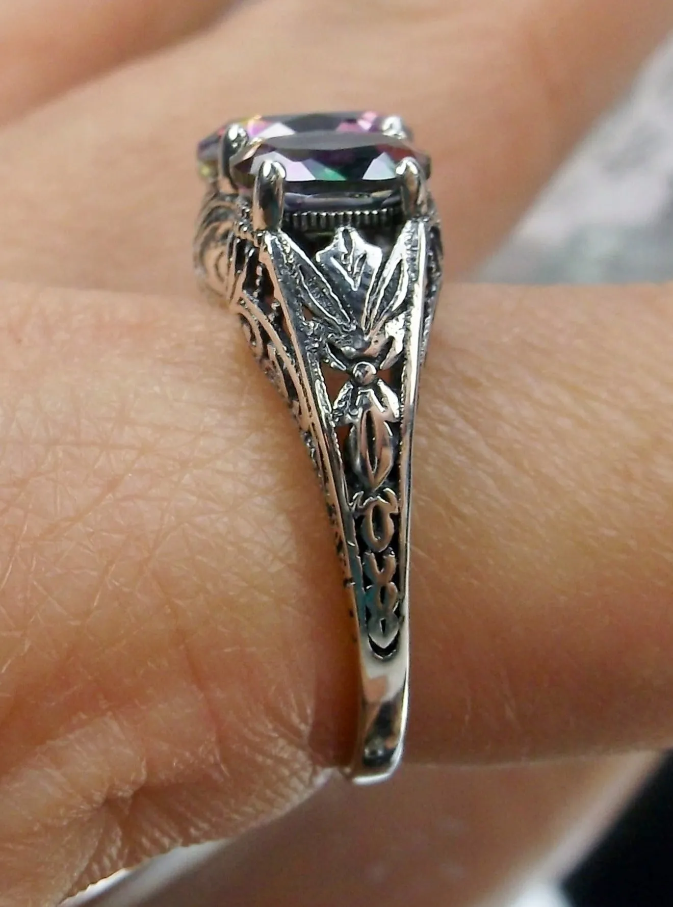 Natural Mystic Topaz Ring, 3-Gem, Art Deco Jewelry #D41