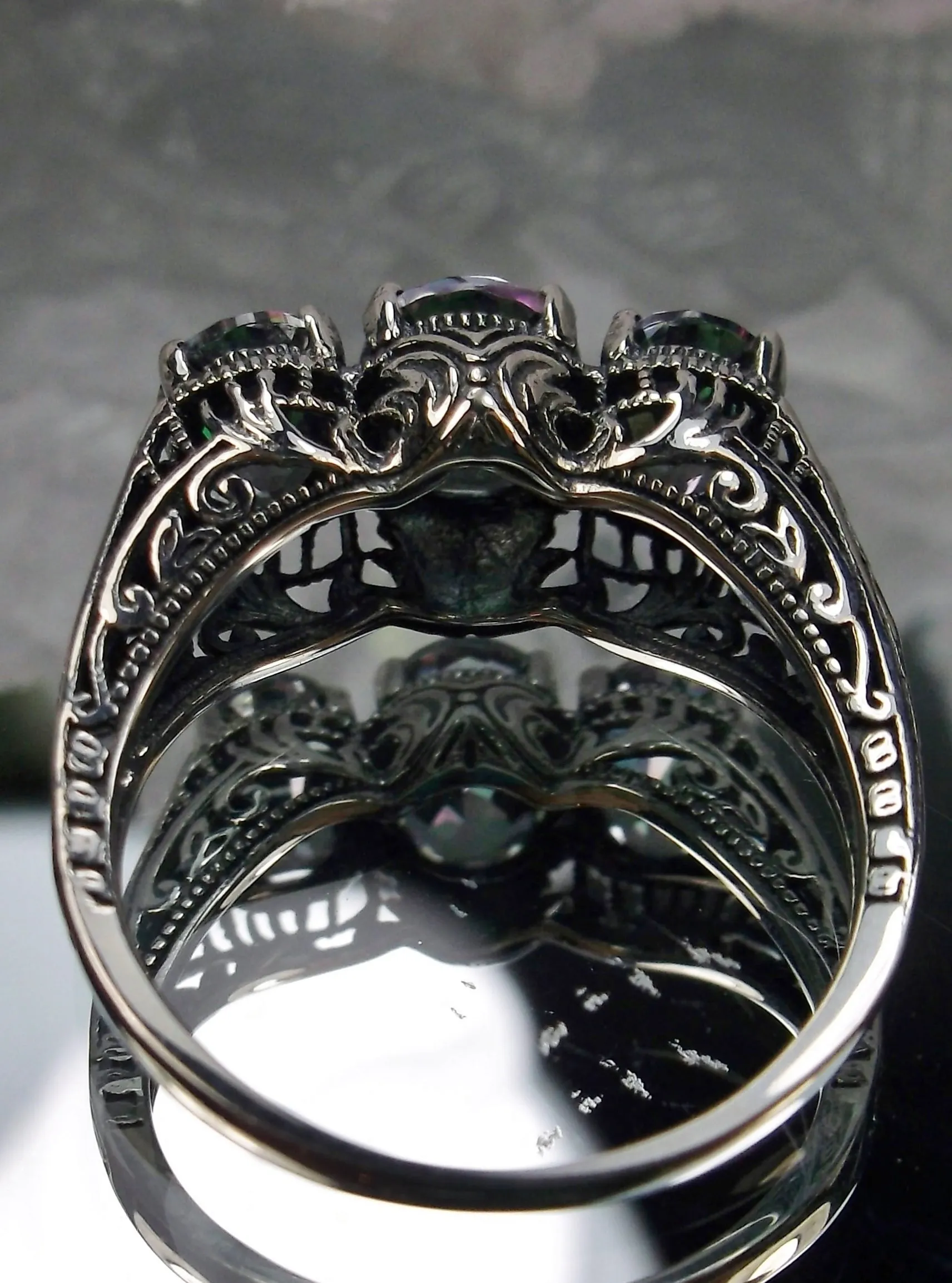 Natural Mystic Topaz Ring, 3-Gem, Art Deco Jewelry #D41