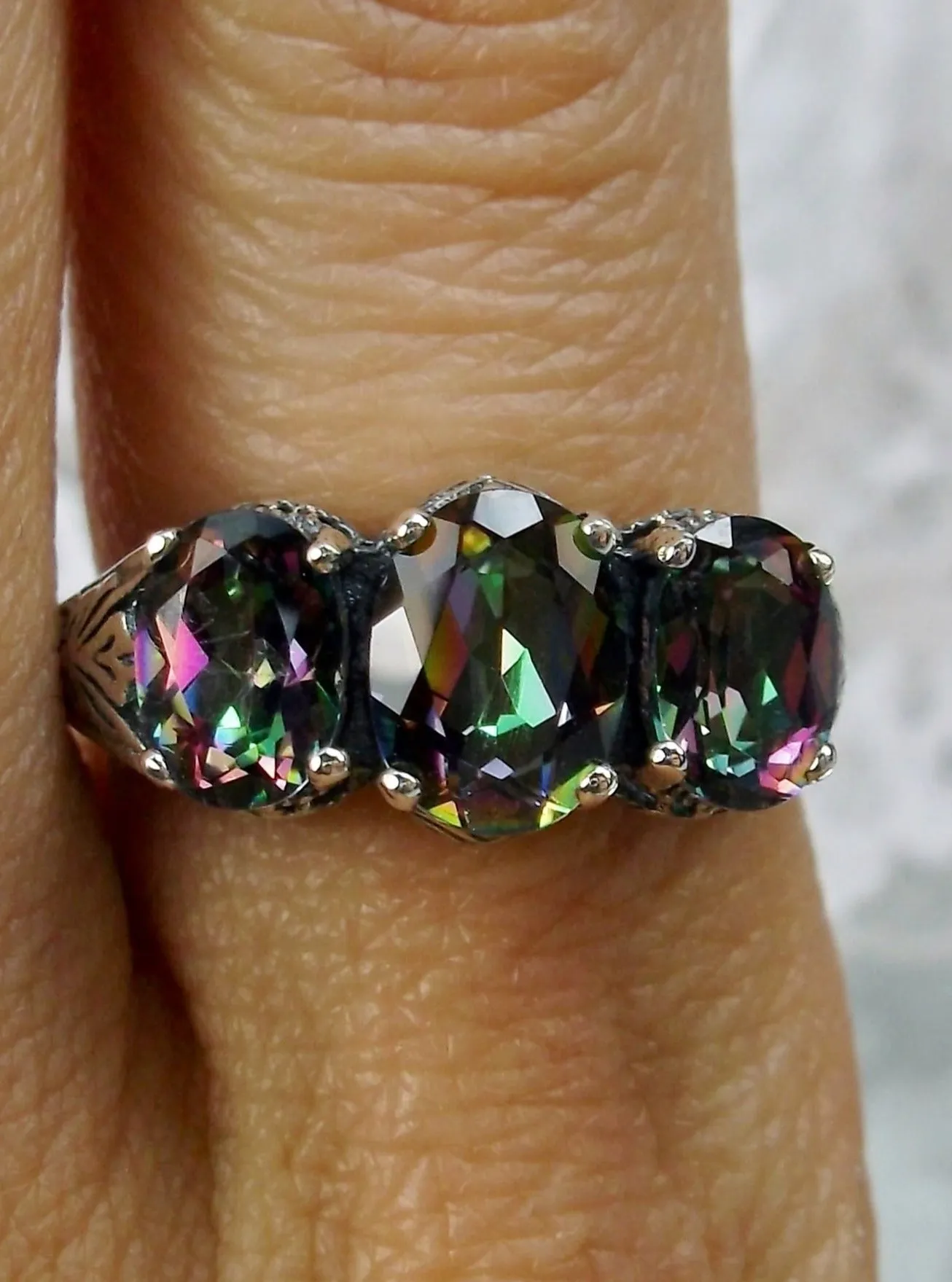 Natural Mystic Topaz Ring, 3-Gem, Art Deco Jewelry #D41