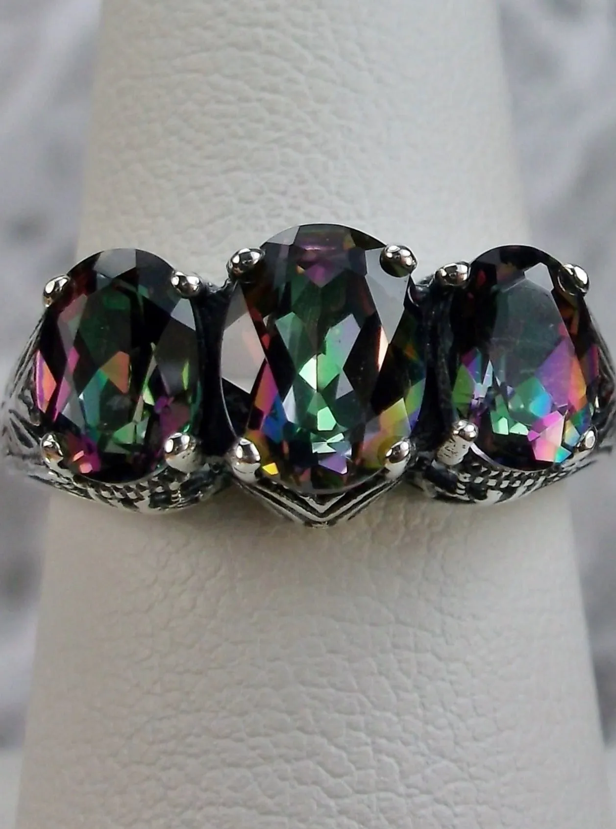Natural Mystic Topaz Ring, 3-Gem, Art Deco Jewelry #D41