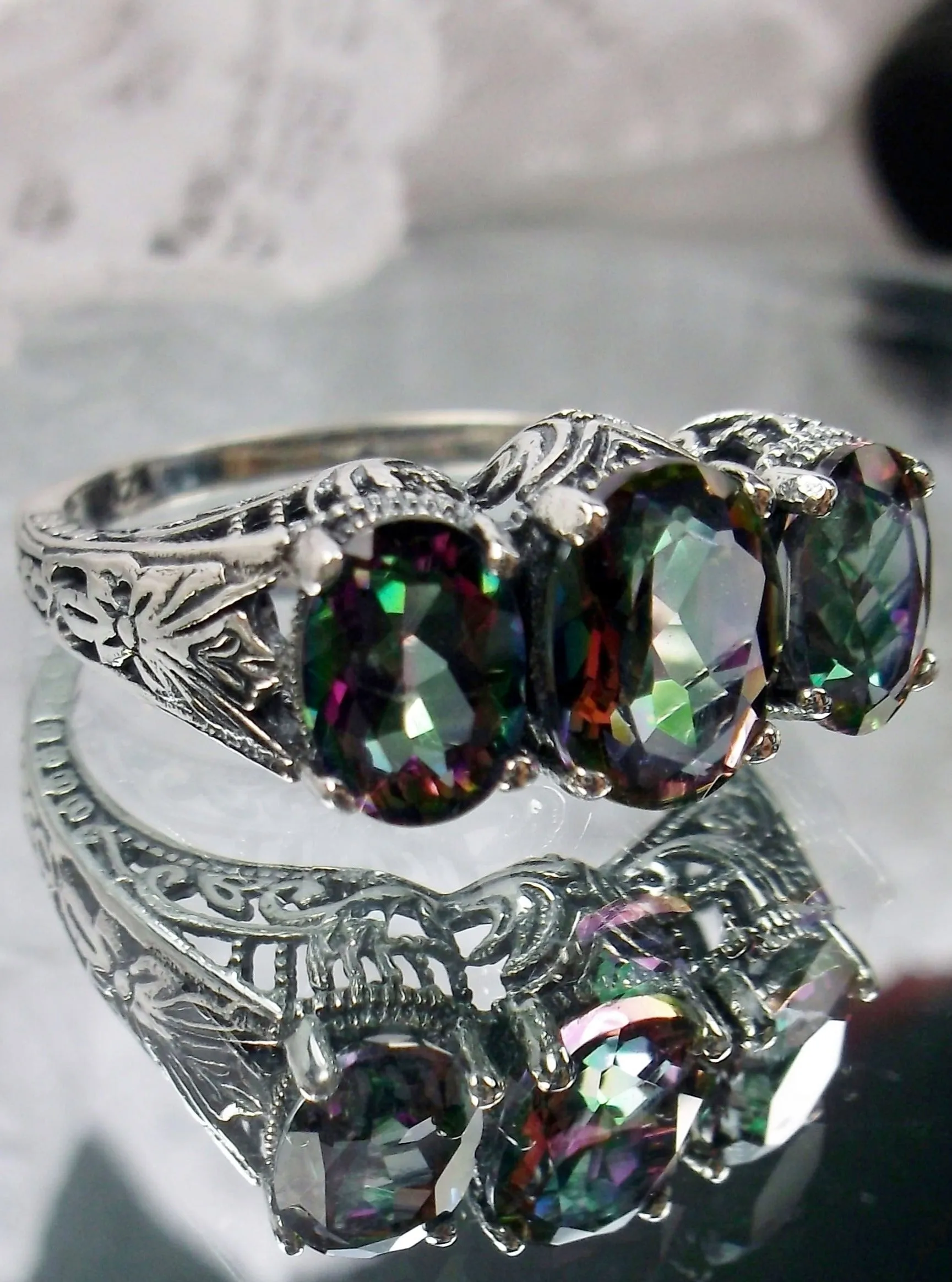 Natural Mystic Topaz Ring, 3-Gem, Art Deco Jewelry #D41