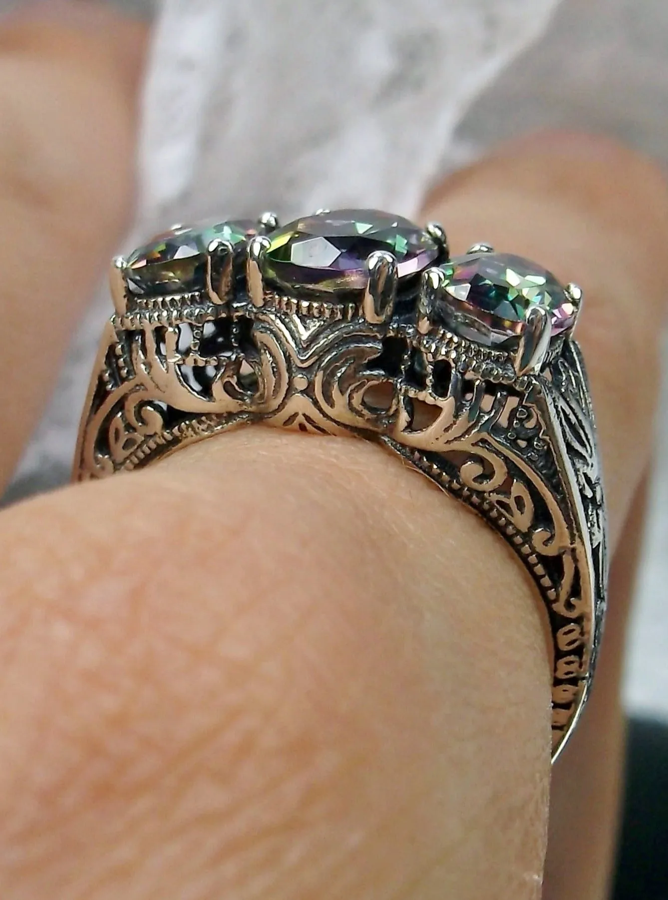 Natural Mystic Topaz Ring, 3-Gem, Art Deco Jewelry #D41