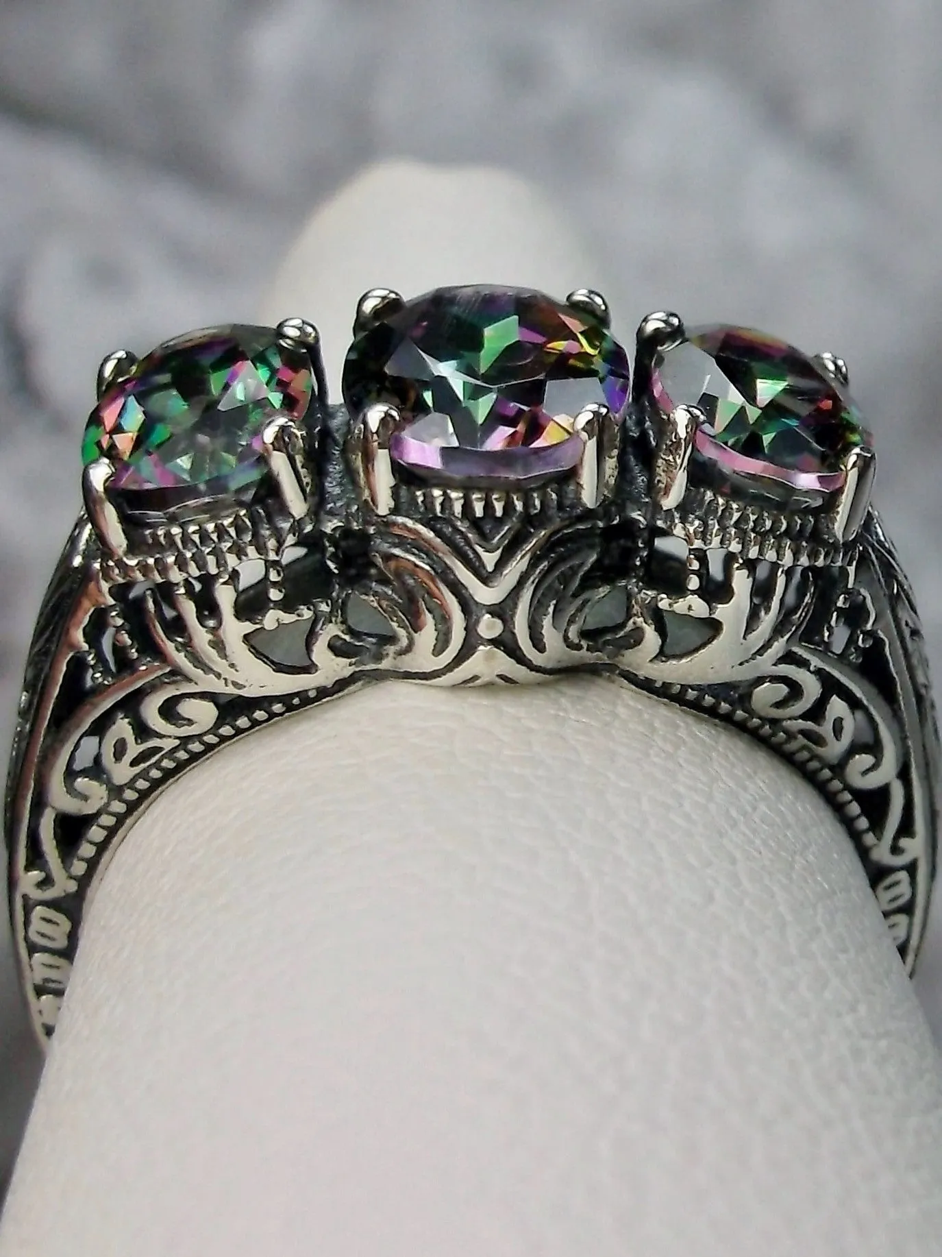 Natural Mystic Topaz Ring, 3-Gem, Art Deco Jewelry #D41
