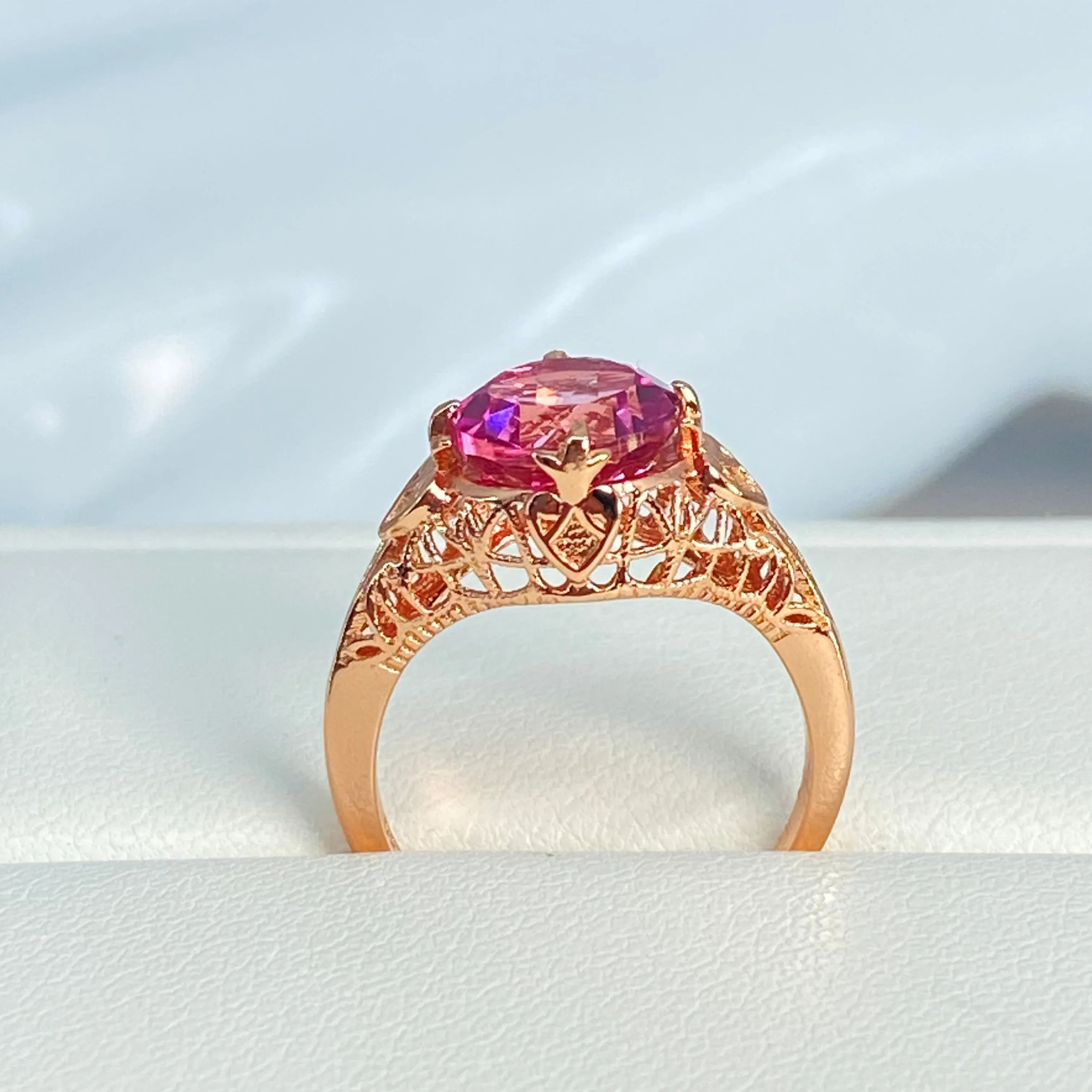 Natural Pink Topaz Ring, Size 5, Natural Gemstone, Rose Gold plated, Victorian Jewelry #D162 - Ready to Ship