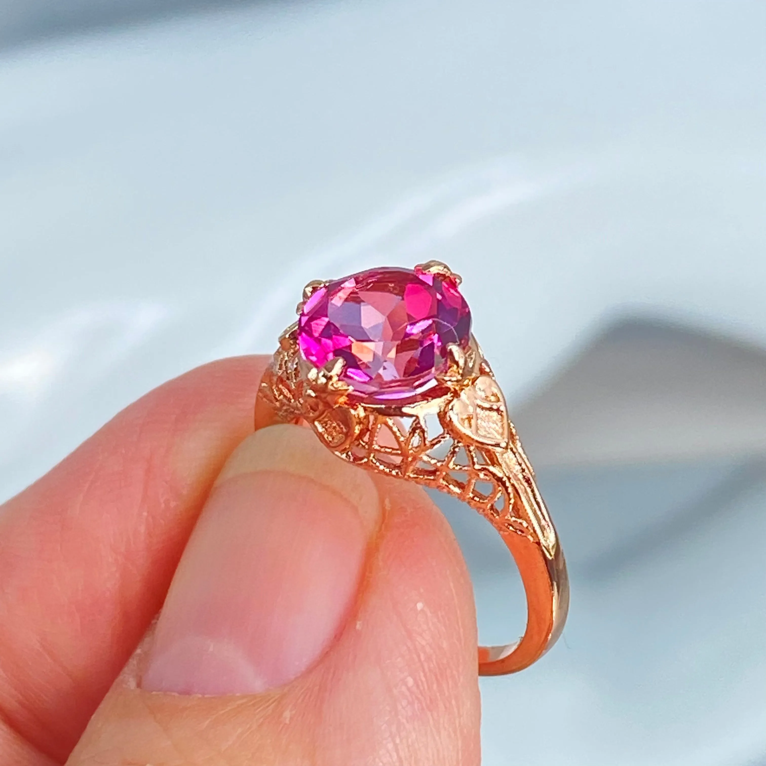 Natural Pink Topaz Ring, Size 5, Natural Gemstone, Rose Gold plated, Victorian Jewelry #D162 - Ready to Ship