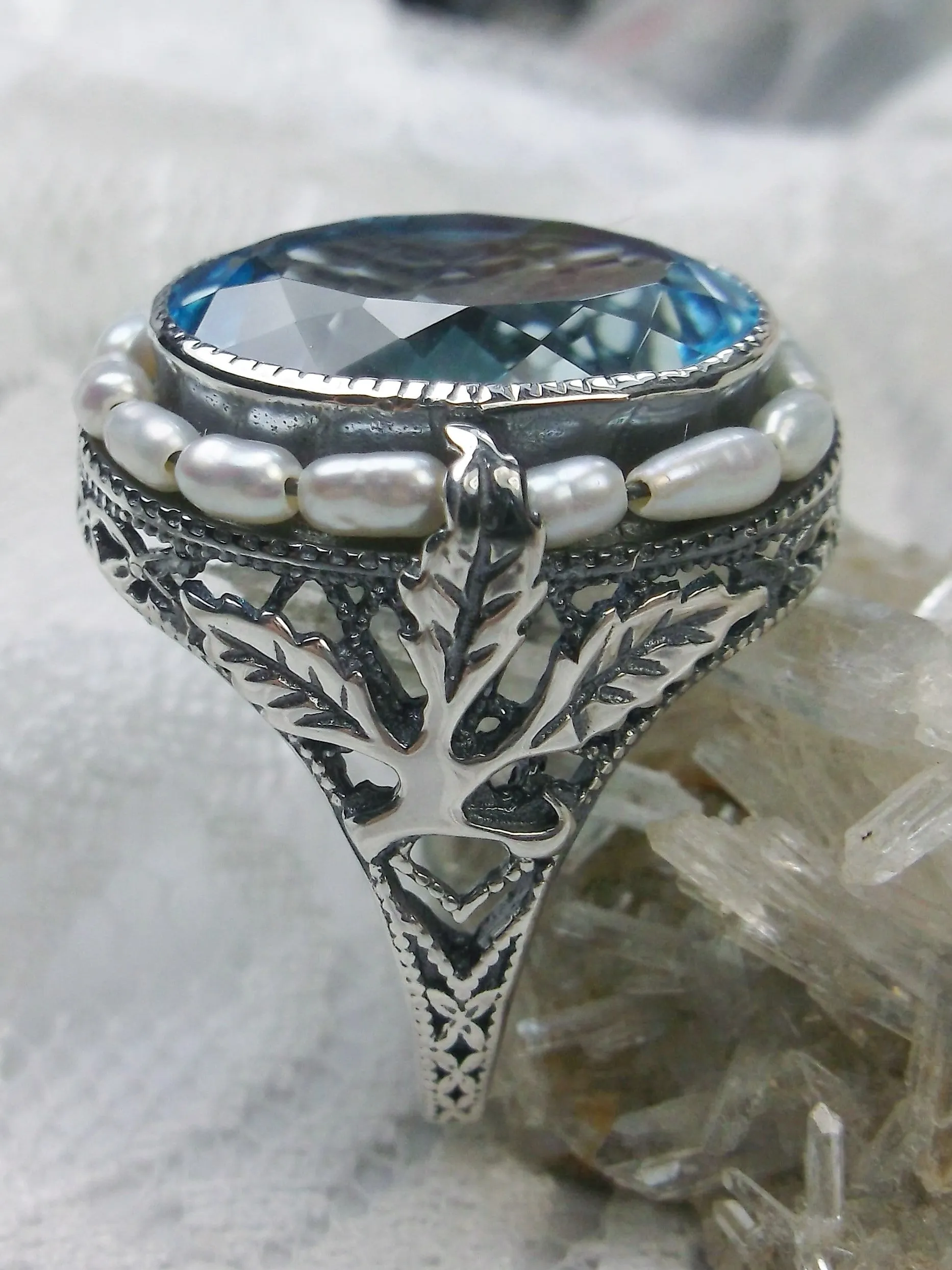 Natural Topaz Ring, Garden Leaf Silver Filigree, Victorian Jewelry #D156