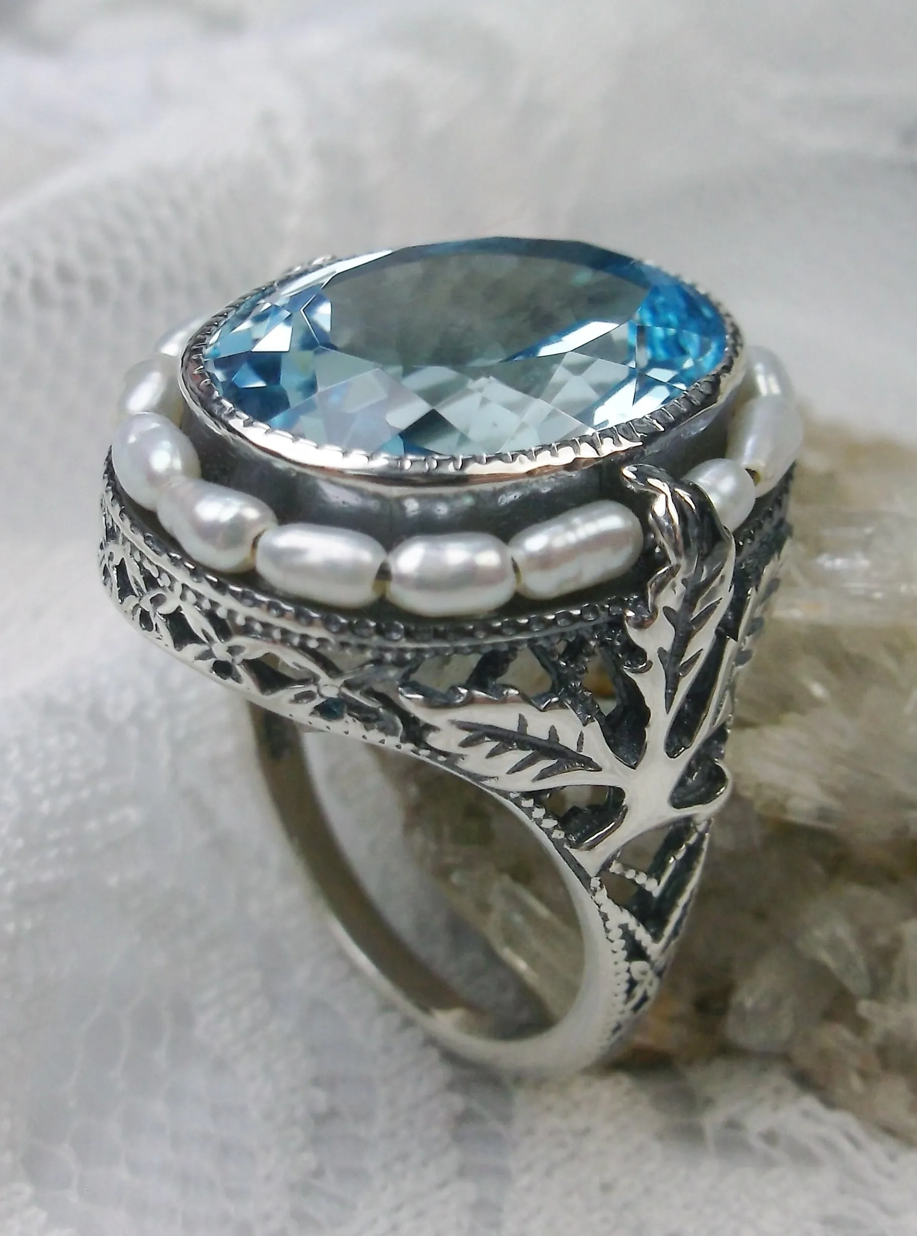 Natural Topaz Ring, Garden Leaf Silver Filigree, Victorian Jewelry #D156