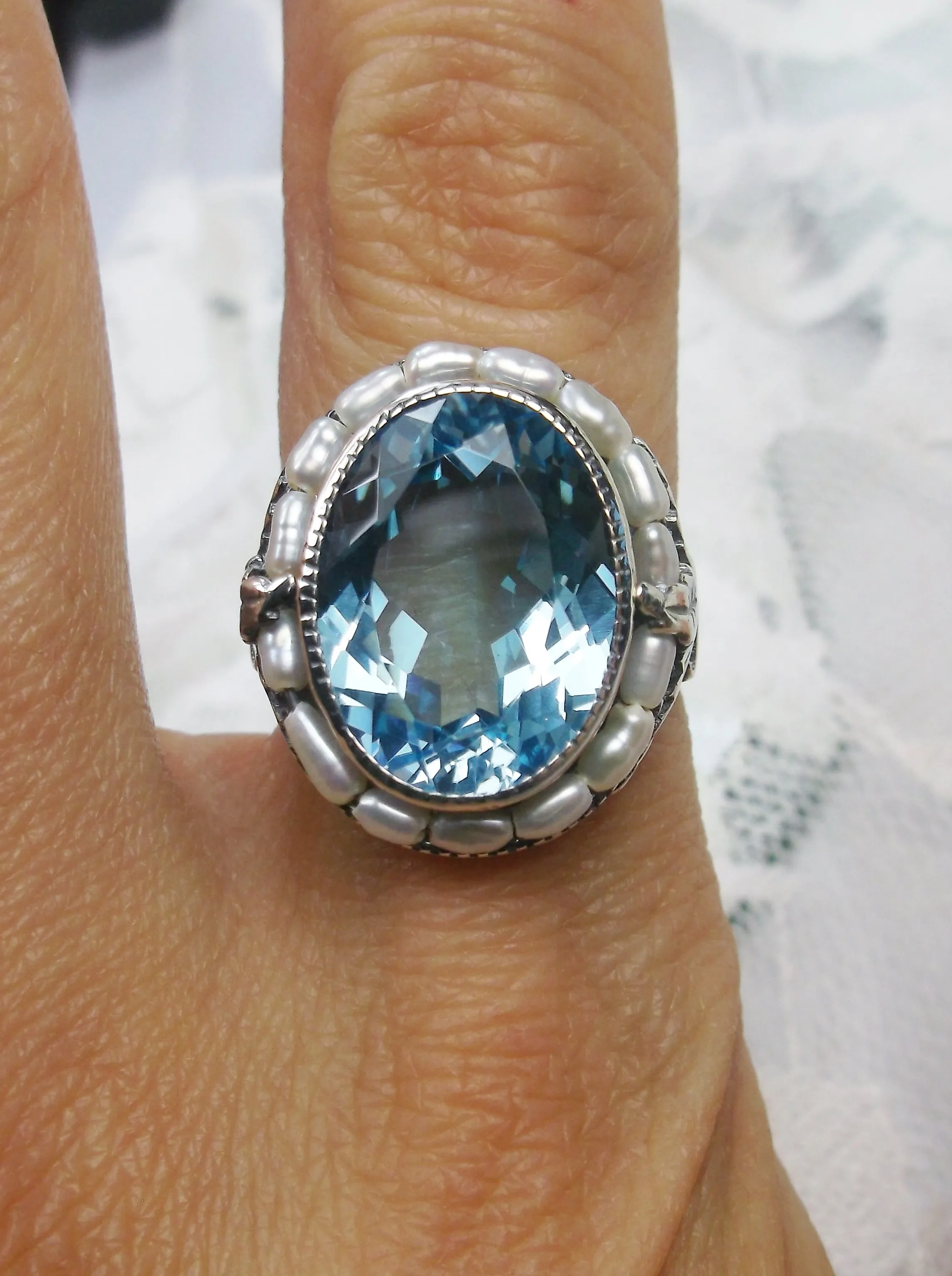 Natural Topaz Ring, Garden Leaf Silver Filigree, Victorian Jewelry #D156