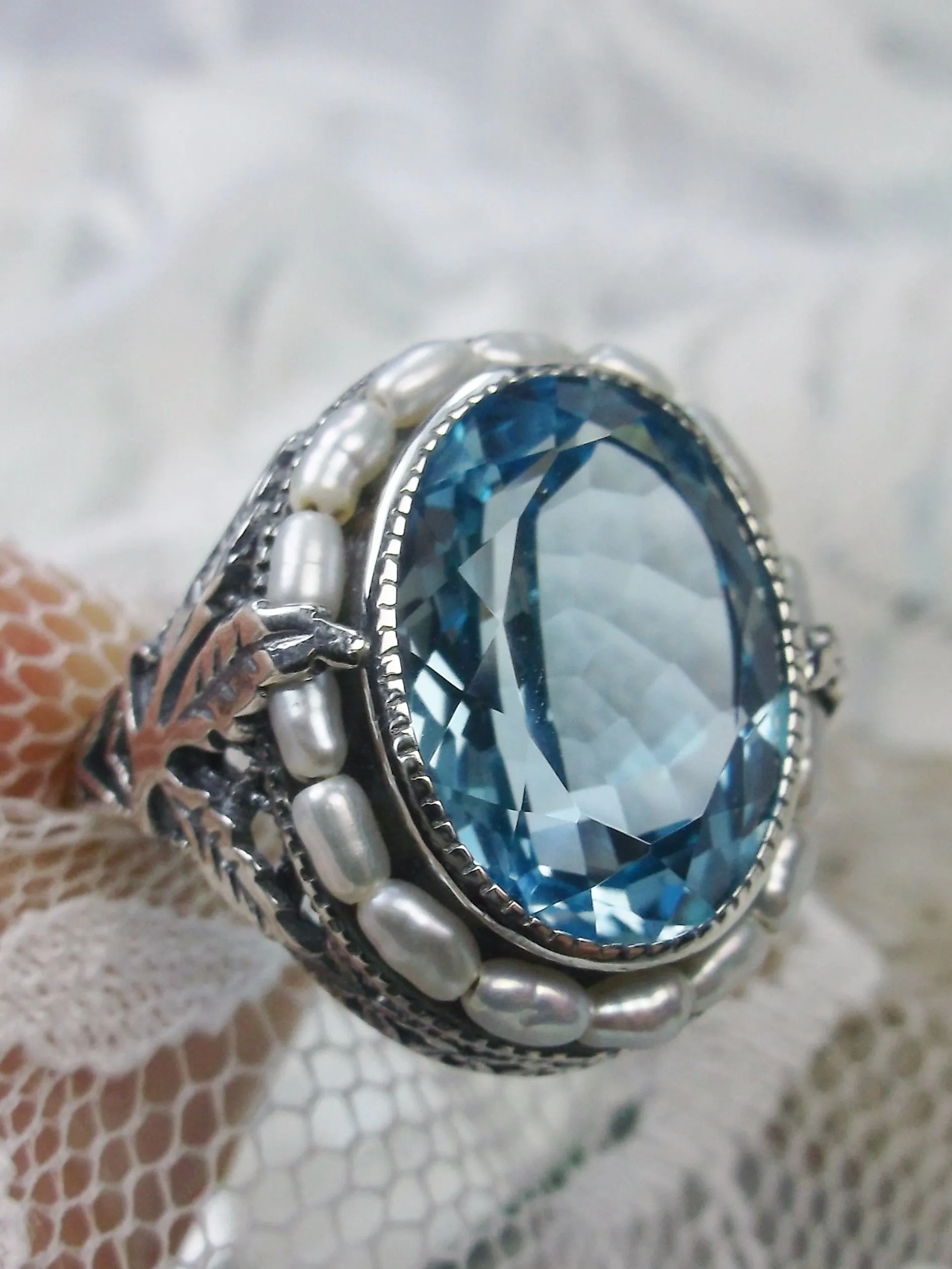 Natural Topaz Ring, Garden Leaf Silver Filigree, Victorian Jewelry #D156