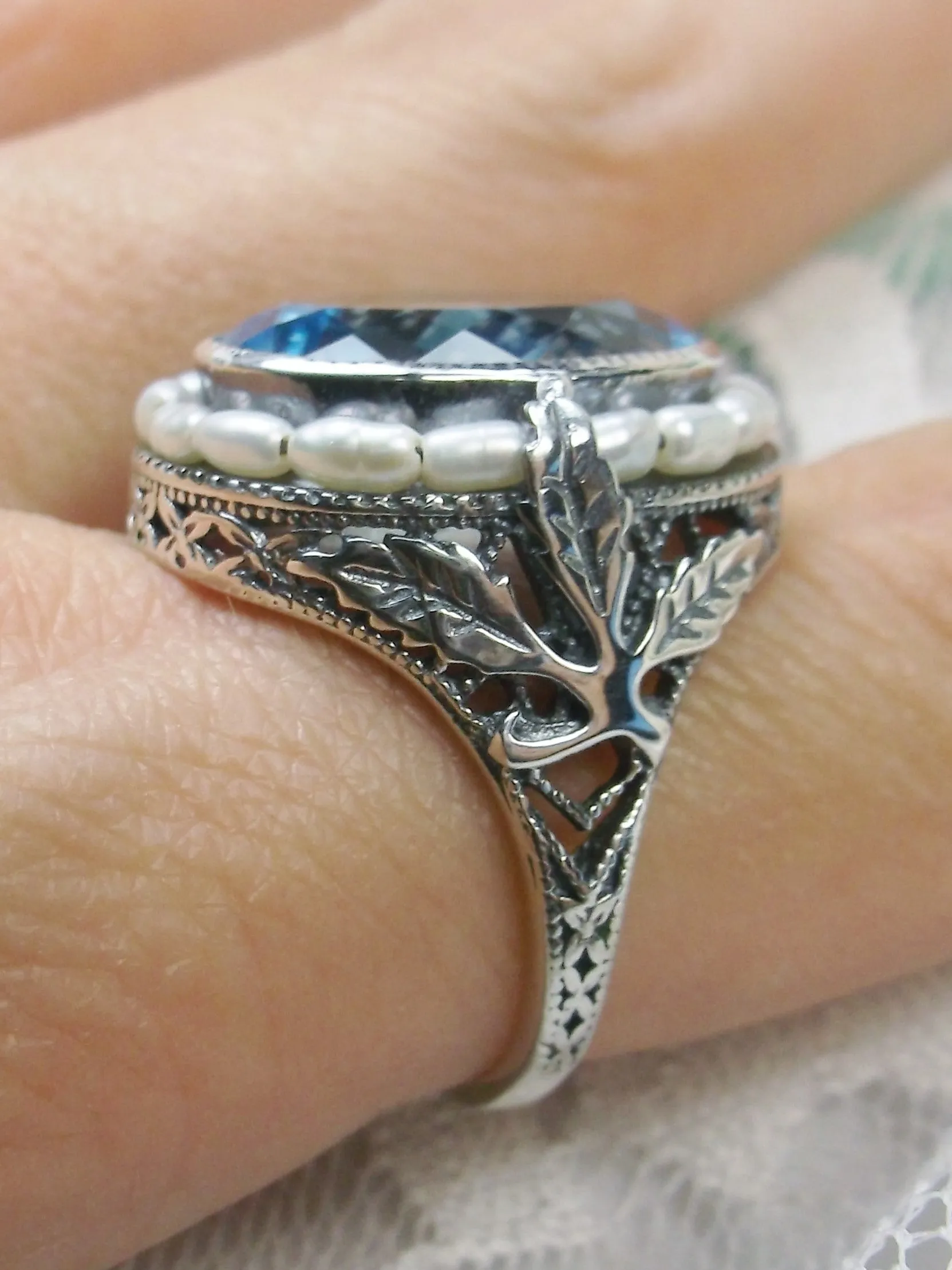 Natural Topaz Ring, Garden Leaf Silver Filigree, Victorian Jewelry #D156