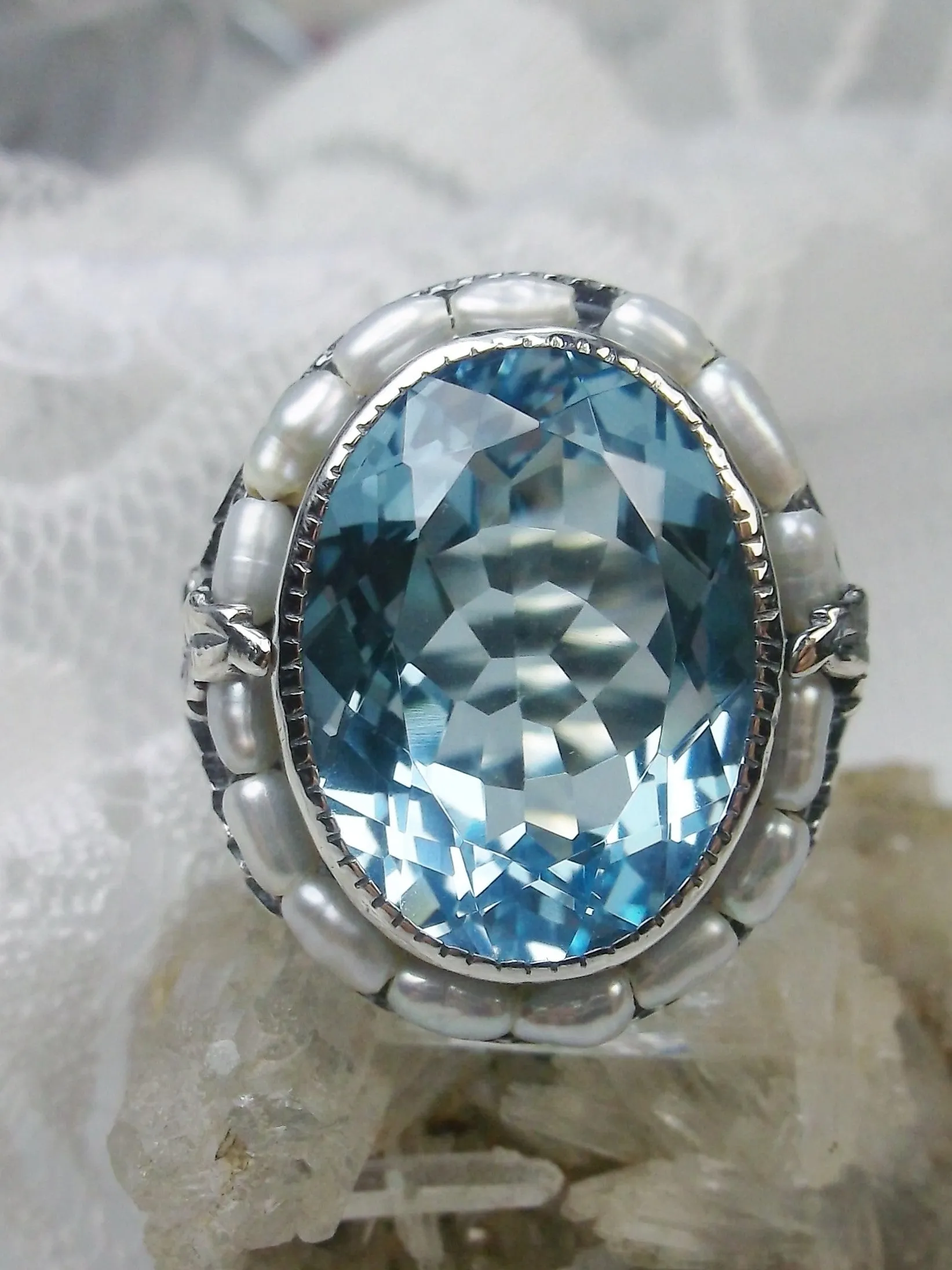 Natural Topaz Ring, Garden Leaf Silver Filigree, Victorian Jewelry #D156