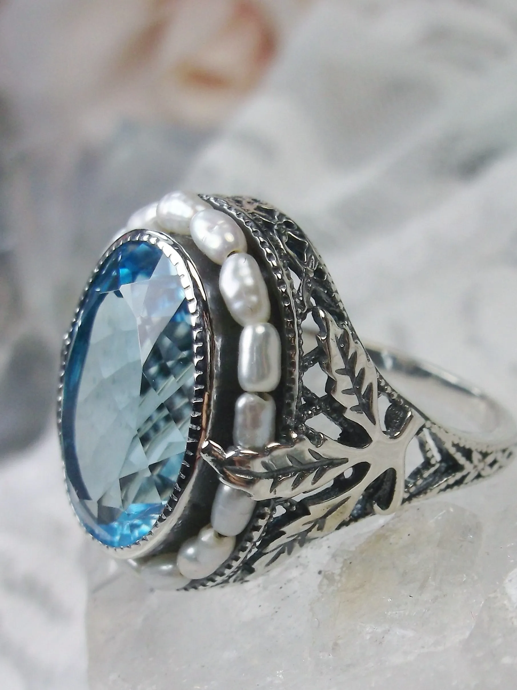 Natural Topaz Ring, Garden Leaf Silver Filigree, Victorian Jewelry #D156