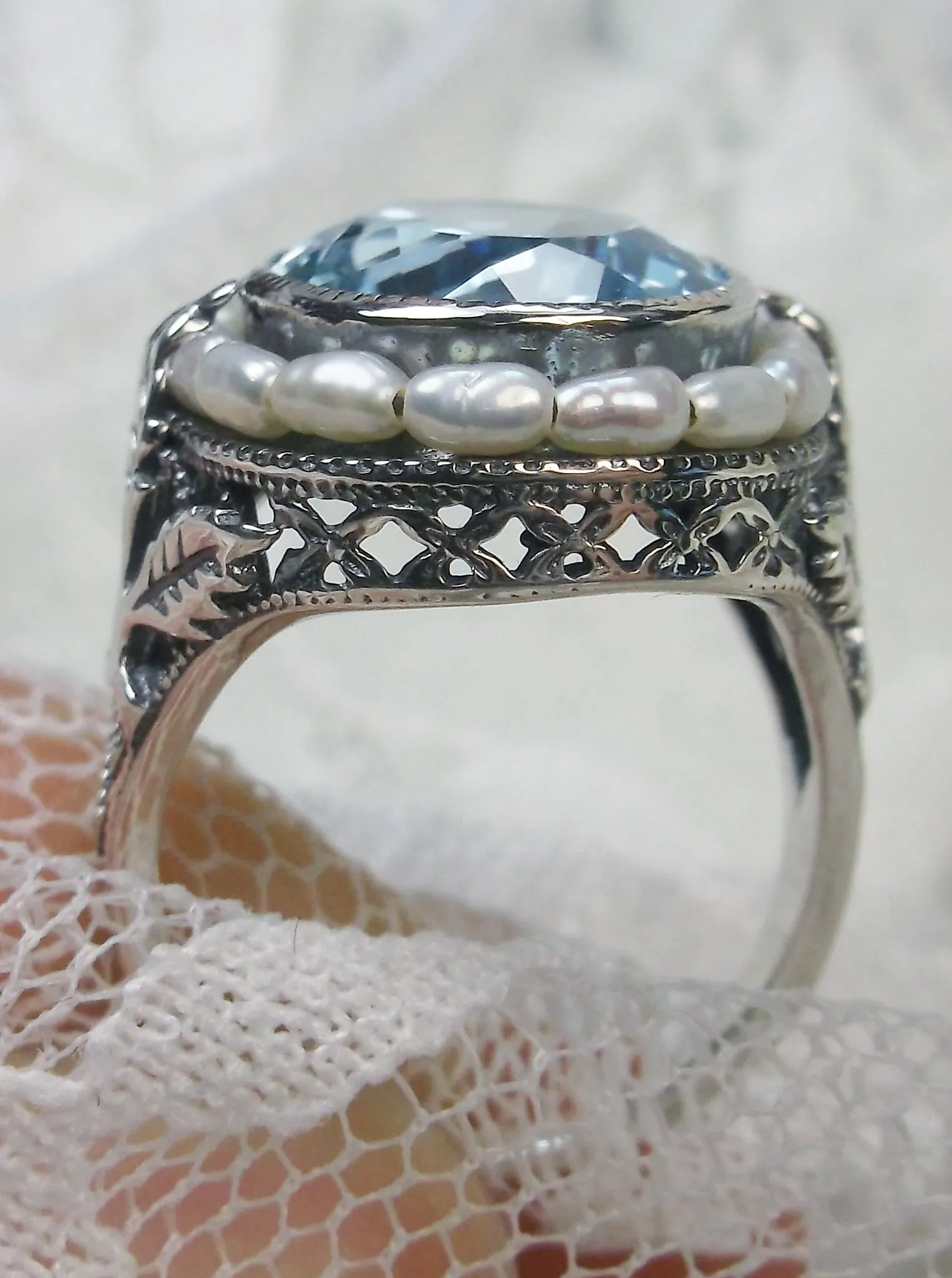 Natural Topaz Ring, Garden Leaf Silver Filigree, Victorian Jewelry #D156