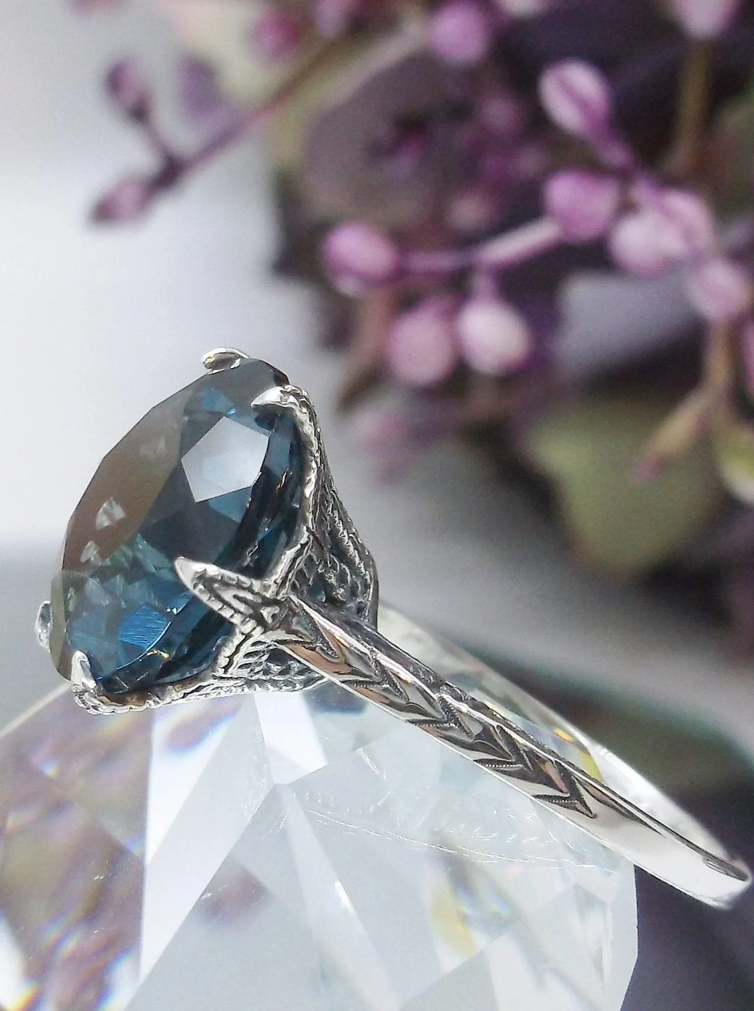 Natural Topaz Ring, London Blue Natural Gemstone Solitaire, Classic Victorian Jewelry #D37