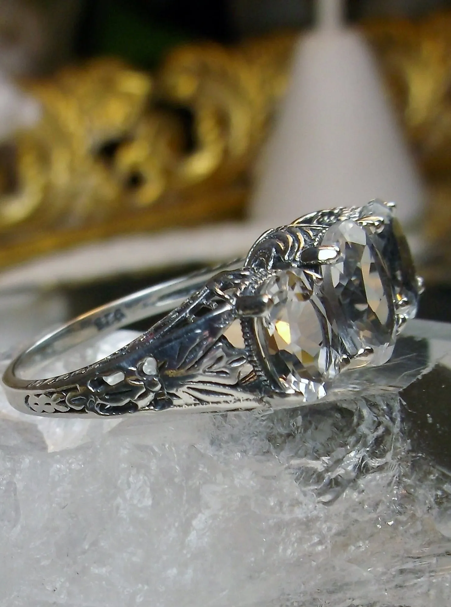 Natural White Topaz Ring, 3-Gem | Vintage Style Jewelry #D41