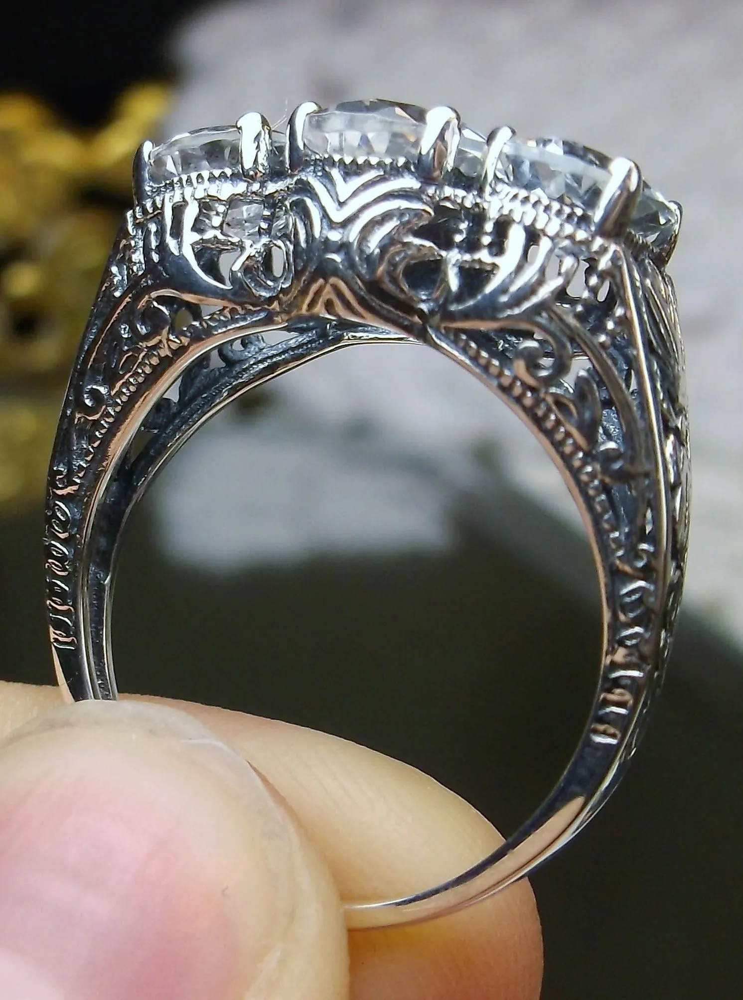 Natural White Topaz Ring, 3-Gem | Vintage Style Jewelry #D41